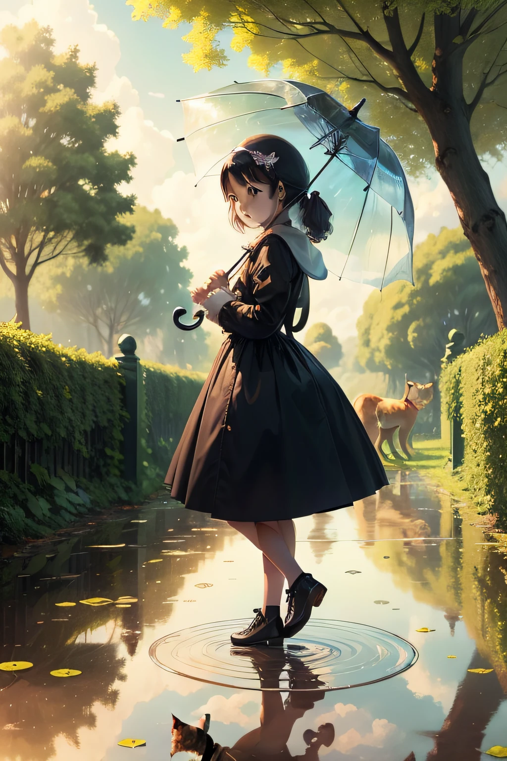 When it is sunny after rain,There are rainbows, girl with transparent umbrella,The face is delicate,Frontal view,There are also cats next to it,There are reflections of girls and cats in the puddle,There are trees and grass in the back,Full body like,Two-dimensional illustration fairy tale style