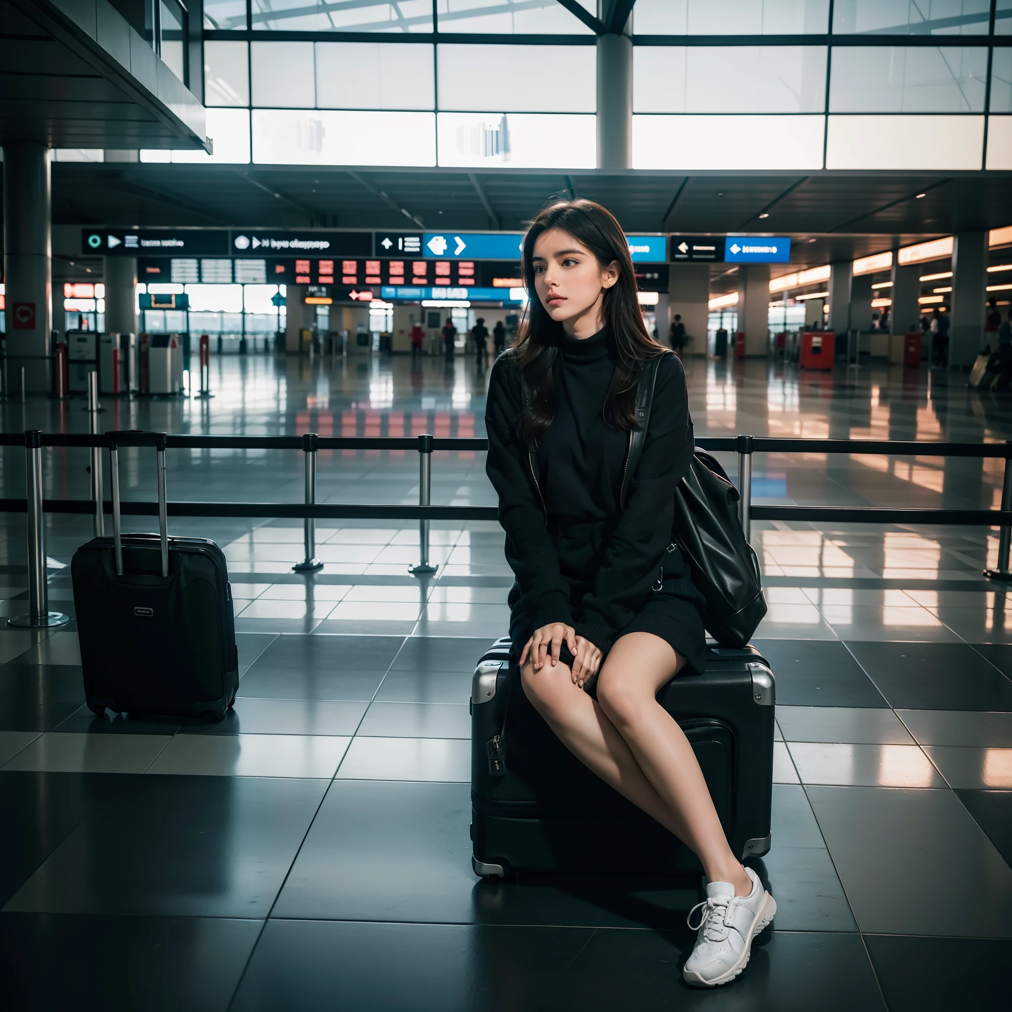 Woman sitting on the ground in an airport with her legs crossed, beautiful lonely girl, sitting on ground, sitting on the floor, aeroporto, inspirado em Elsa Bleda, a lonely woman, ocupado, but lonely, olhar triste, woman is sitting, cinematic outfit photo, Jovana Rikalo, O melhor no Adobe Stock, portanto. Aeroportos