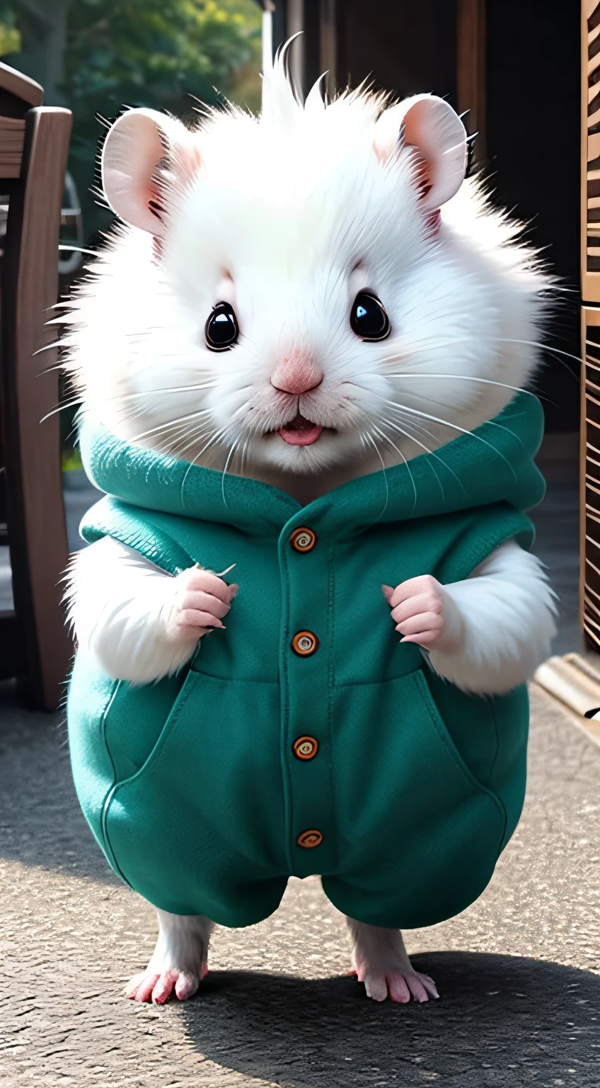 Cute fluffy white hamster, Wear pants