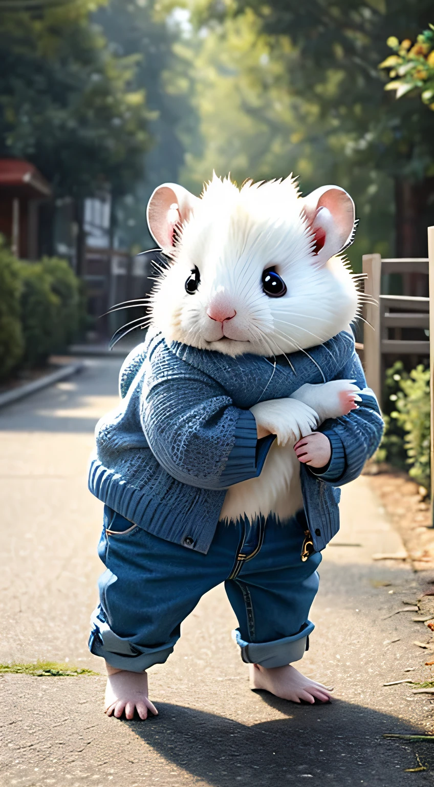 Cute fluffy white hamster, Wear pants