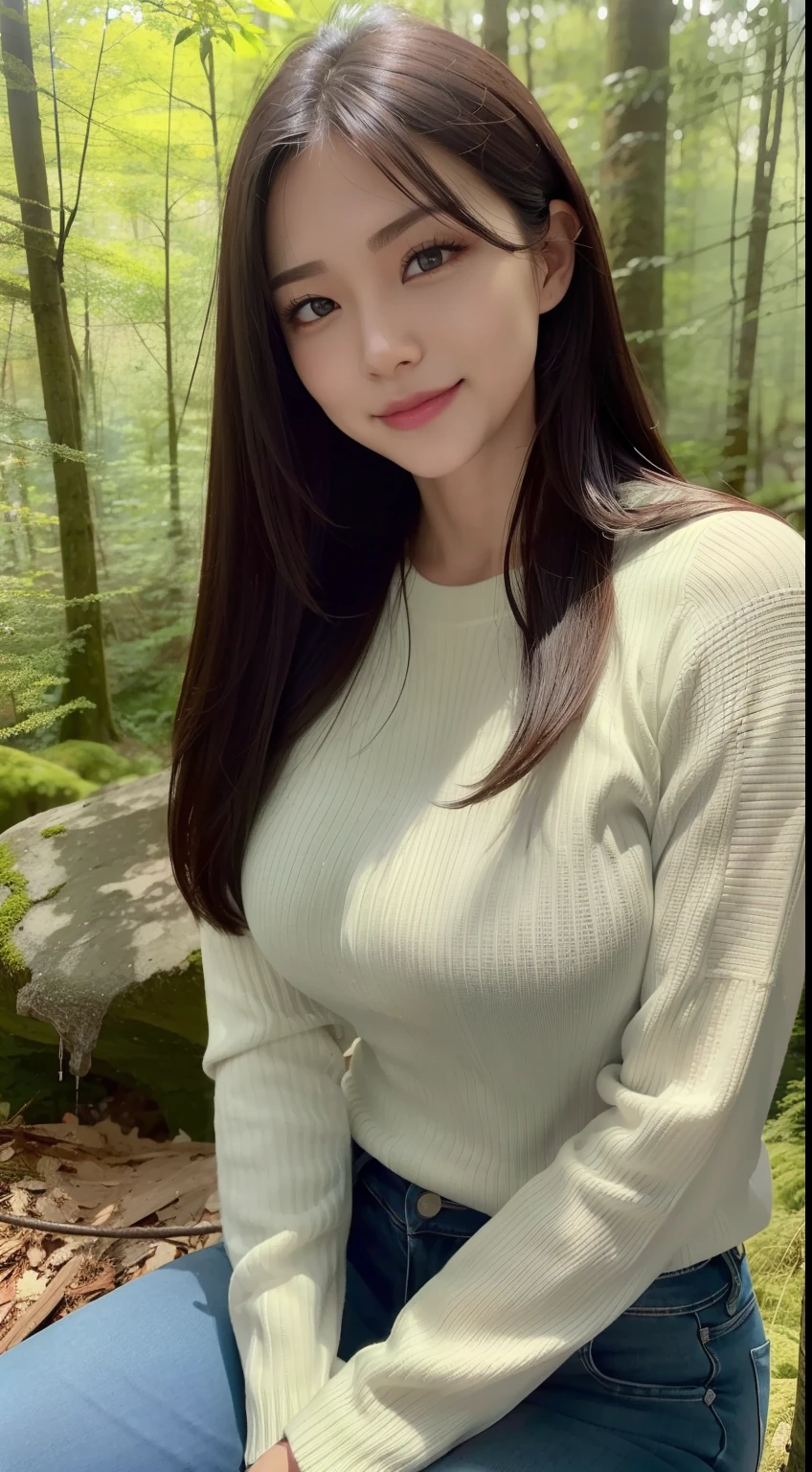 a pregirl，ssmile，laughingly，looking at viewert，Tight sweater，skintight jeans，photore, realisticlying, Best quality at best， 详细的脸，Detailed eyes，Sitting sideways on a large mossy rock in the woods， Big trees everywhere，diffuselighting, depth of fields