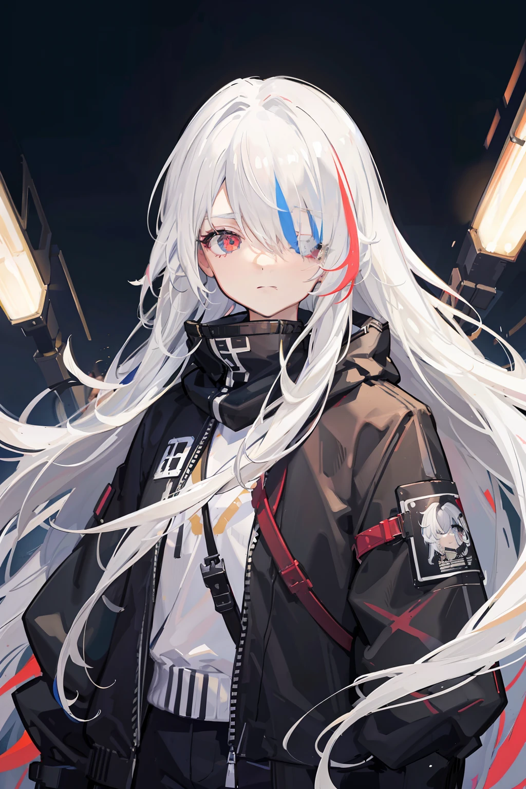 streaked hair, colored inner hair, white hair, long hair, hairpods, bandage over one eye, covered eyes, expressionless, cinematic lighting, character chart, tachi-e, UHD, retina, masterpiece, ccurate, super detail, high quality, high details, award winning, highres, best quality
