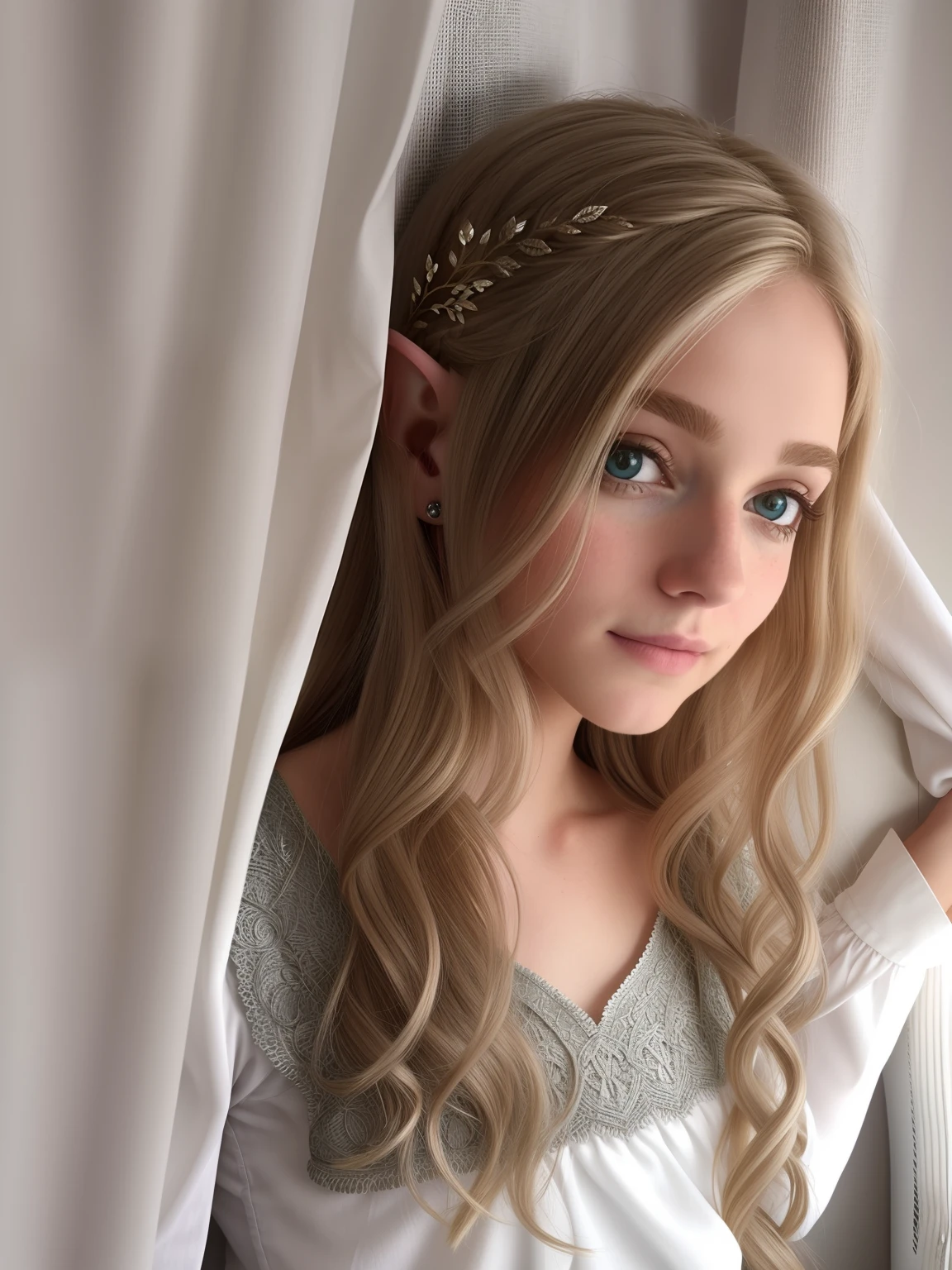 Blonde elf with long hair and makeup Elf posing behind a curtain, Um retrato de um elfo, Retrato de um elfo, orelhas longas de elfo, Ela tem orelhas de elfo e olhos dourados, elven character with smirk,  elfo adolescente, Menina linda Delphine, Retrato de elfo muito bonito, side portrait of elven royalty, olhar de fada, Elfo Feminino, fundo colorido, senhor dos aneis, mulher medieval.