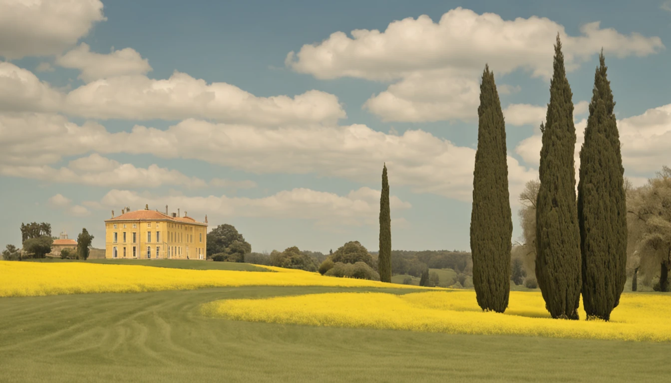 a painting shows green fields with cypress trees, in the style of voigtlander brilliant, sky-blue and yellow, trompe-l'oeil illusionistic detail, konstantinos parthenis, gustave van de woestijne, louis rhead, impressive skies
