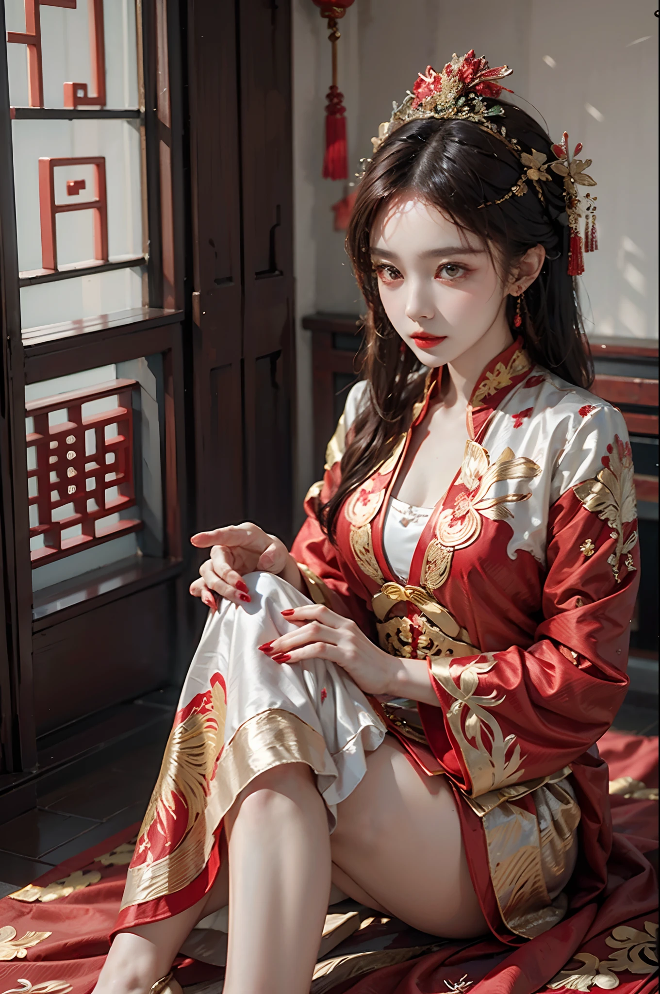 (ultra realistic 8k CG:1.2),perfect artwork,delicate pattern,intricate detail, (unparalleled masterpiece,best quality:1.2),(extremely intricate:1.2),a woman in a red and gold dress, Phoenix crown,hair stick,(sitting on red bed),Cosmetic,blush,shy,black_hair, looking down, Cosmetic,(forehead dot),(2 red candles), chinese_clothes, curtains, earrings, white hair, hair_ornament, hanfu, indoors, jewelry, red nails, long_sleeves, red dress, red lips, tassel, (Red quilt),(red palace:1.2),(ancient Chinese architecture),(red:1.8),night