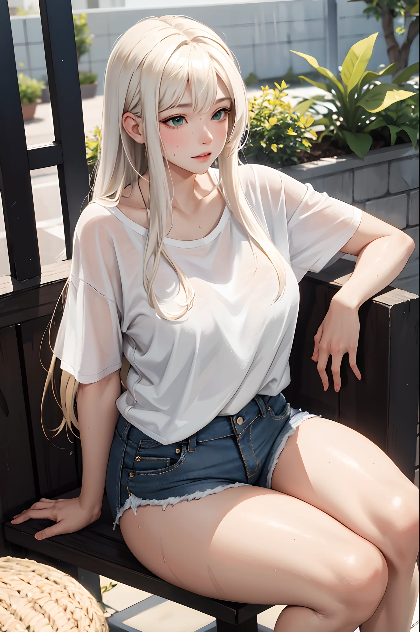 (masterpiece:1.2, best quality), (real picture, intricate details), 1lady, solo, whole body, sitting down, casual, long hair, minimal makeup, natural fabrics, school, really long light platinum blonde hair, bangs, green eyes, big breasts, jean shorts, thick thighs, wet, transparent white t-shirt, wet t-shirt, plump breasts, thin waist, embarrassed expression, shy face.