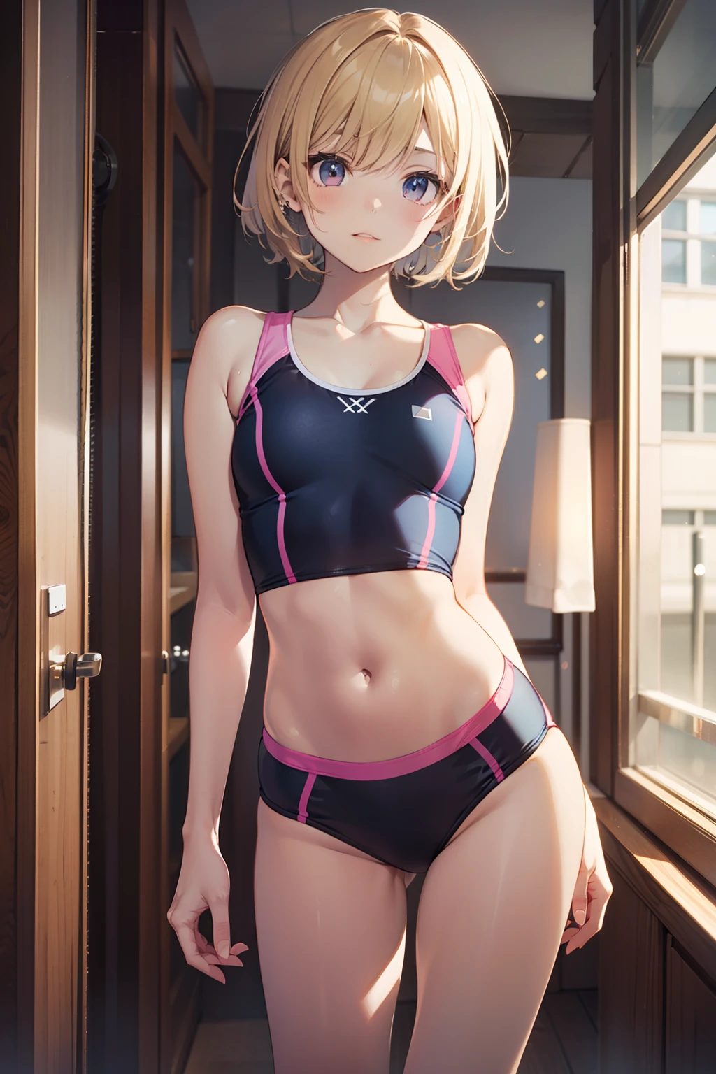 top-quality、Full limbs、complete fingers、Slender beauty、Blonde short、Bery short hair、knee high、Pink School Swimsuit、Bedrooms、Hotel