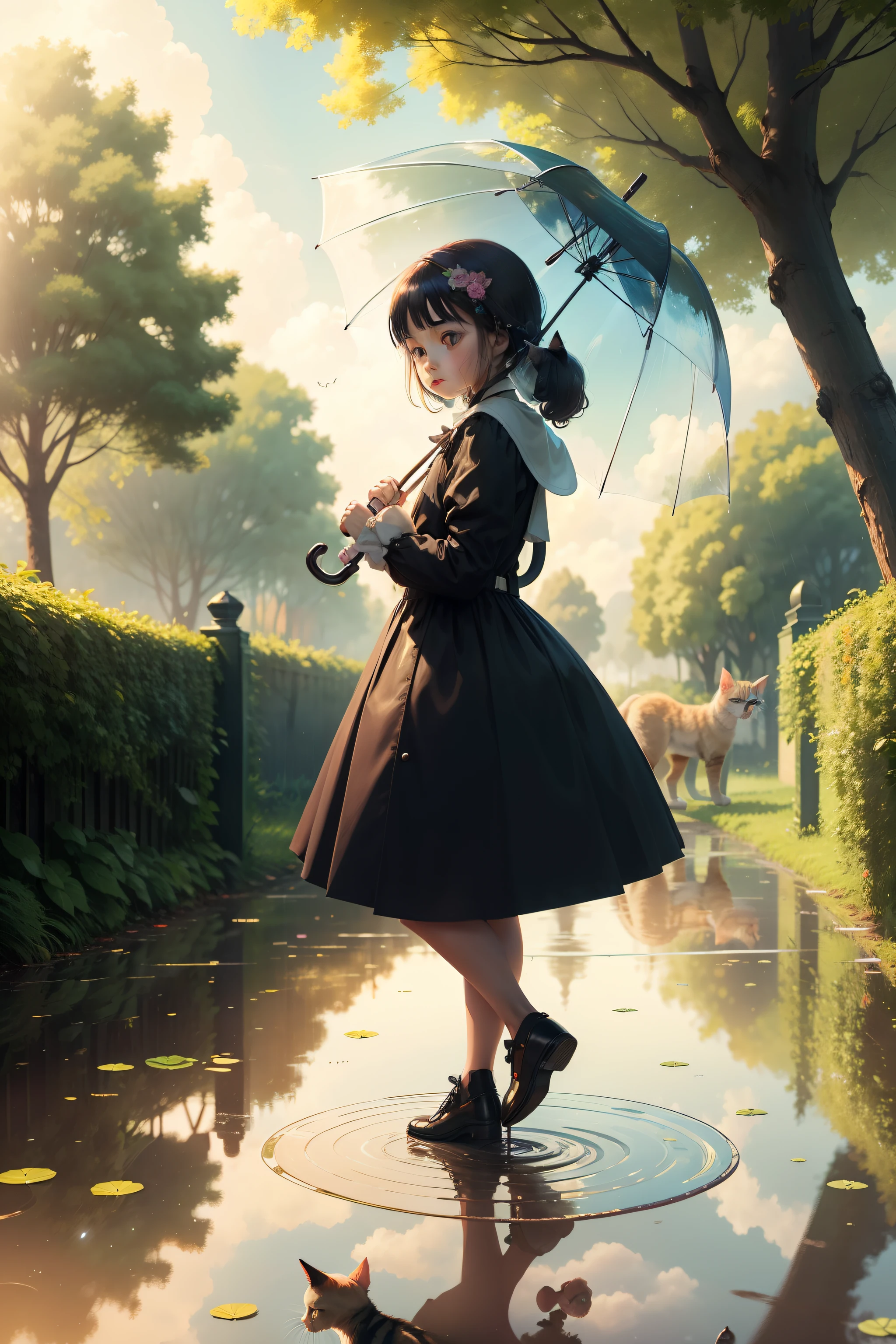 When it is sunny after rain，There are rainbows， girl with transparent umbrella，The face is delicate，Frontal view，There are also cats next to it，There are reflections of girls and cats in the puddle，There are trees and grass in the back，Full body like，Two-dimensional illustration fairy tale style