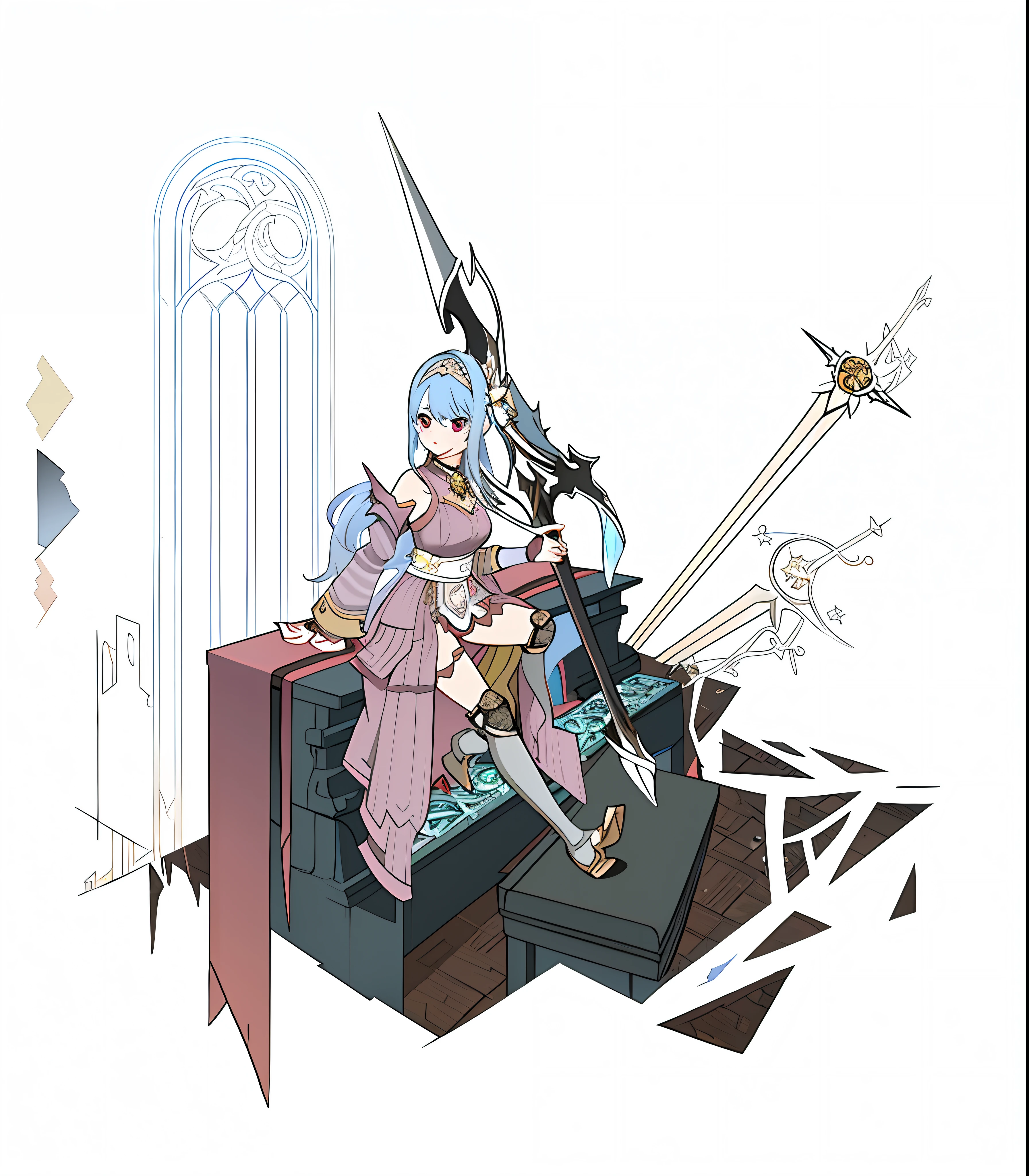 Anime girl sitting on table with sword and sword, atelier lulua, magical fantasy 2 d concept art, high detailed official artwork, Kushatt Krenz Key Art Women, official character illustration, Anime fantasy illustration, 2d art cover, clean lineart and color, 2D concept art, artbook artwork, official character art, final fantasy 14 style