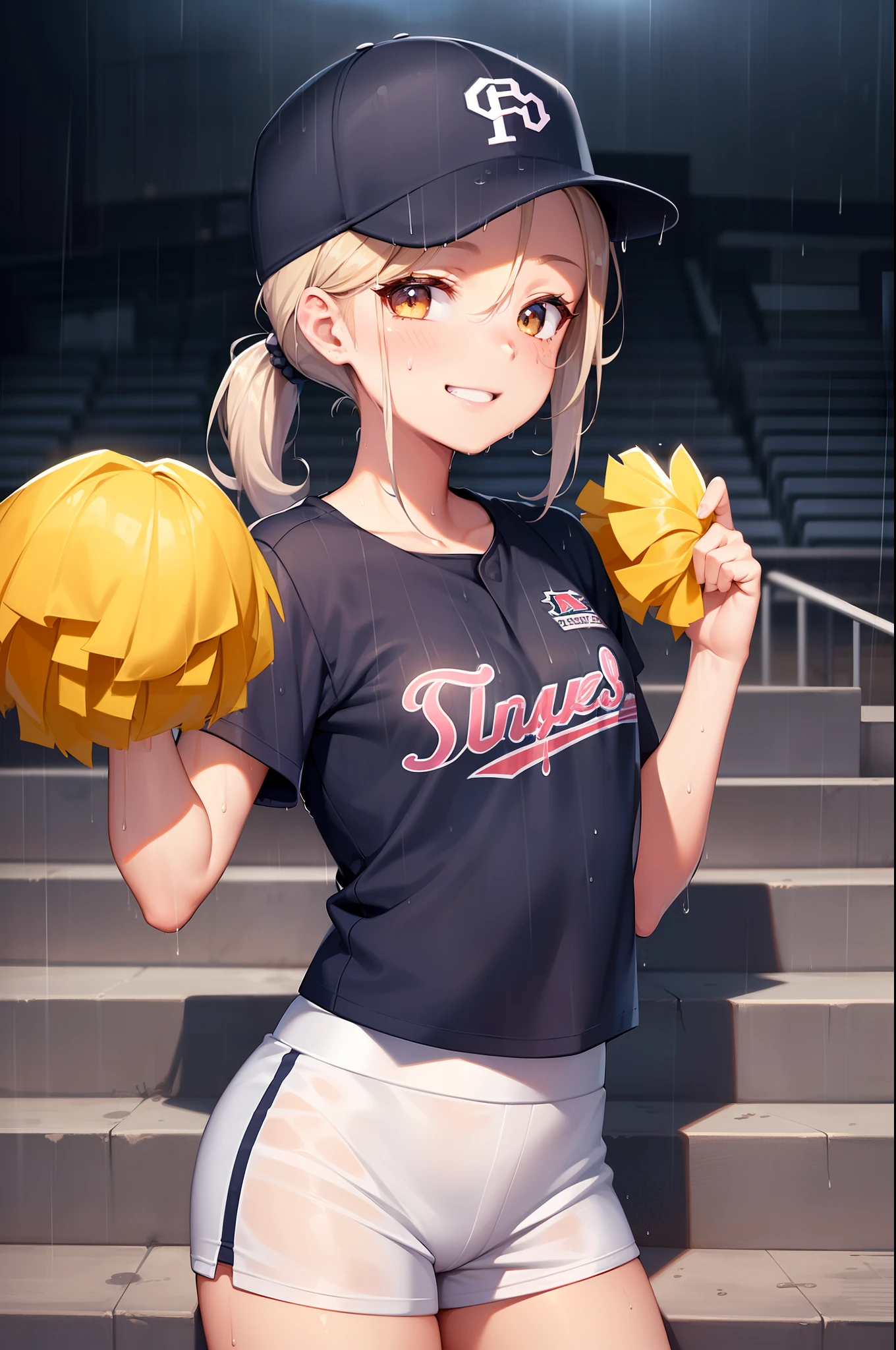 1girl in, cheer girl, Baseball Stadium.(By the stairs). (In the rain:1.5). (Pom-poms used for cheerleading).(Cap).(Shorts).(Short sleeve).(4+Boys:1.5). (Bright and cheerful smile).master piece, High resolution, Ultra high definition, of the highest quality, Very detailed, Professional Lighting, of the highest quality, spectator seats, Packed auditorium, Forehead, Ponytail, By the stairs, (Baseball Stadium))), at noon, Cap, (Forehead), photographer, (((Watching Baseball))). Anatomically correct, high details. Perfect Anatomy, Best Quality, Textured skin, Super Detail .(Pom-poms used for cheerleading).Hair Band