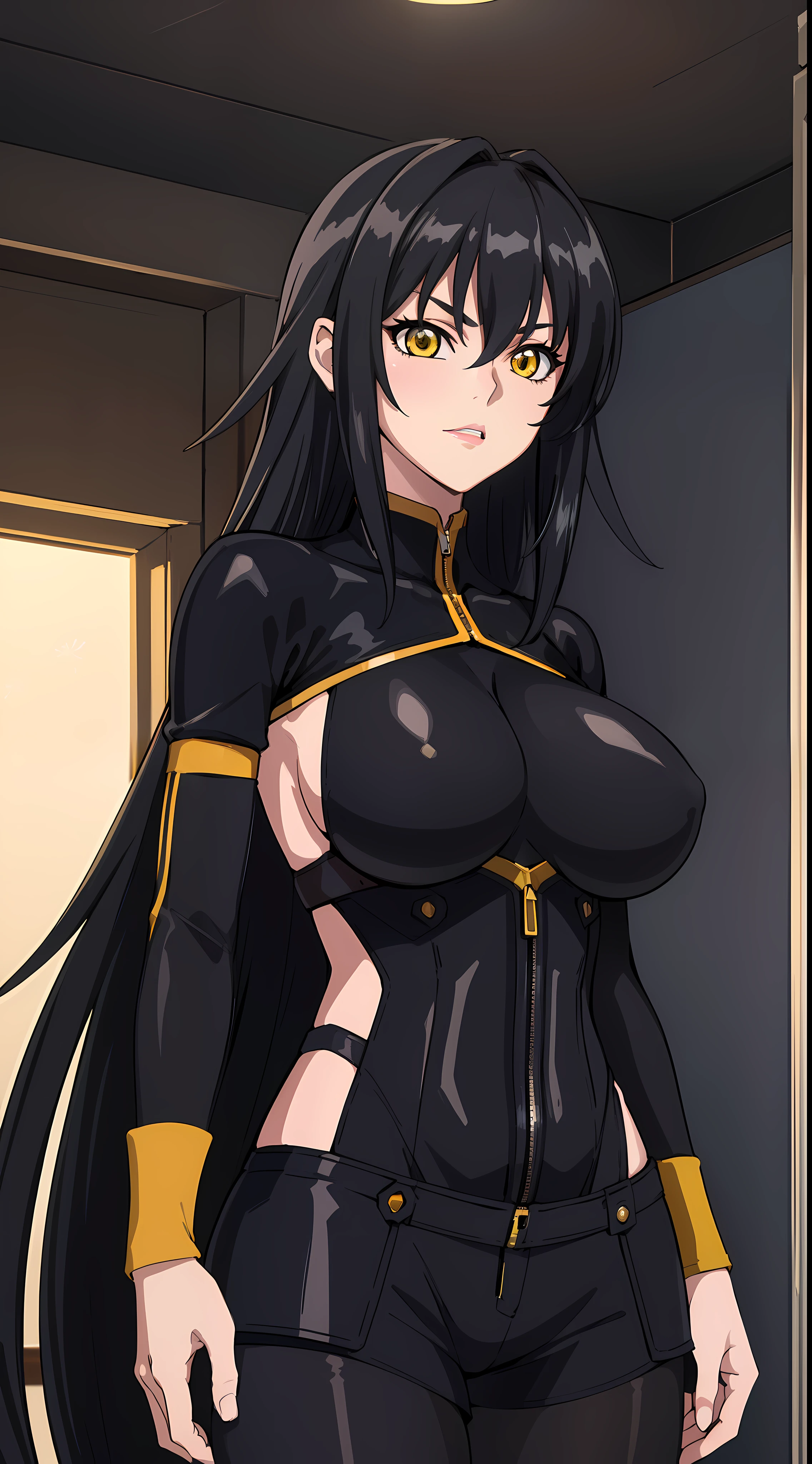 professional artwork, Intricate Details, field of view, sharp focus, detailed painting, photorealistic lighting, trending on pixiv,(masterpiece:1.0),(best_quality:1.0), ultra high res, ultra-detailed, photography, 8K, HDR, highres, absurdres:1.2, Kodak portra 400, film grain, sharp focus, bokeh:1.2, lens flare, (vibrant_color:1.2), (((indoors, dark night district))), Annerose, 1girl, female mature, ((long hair, black hair:1.4)), (yellow eyes), large breasts, ((bodysuit, short pants)), soft skin, hair intakes, (solo:1.4), (upper body, half body shot, covered breasts, side boobs), seductive, shiny clothes
