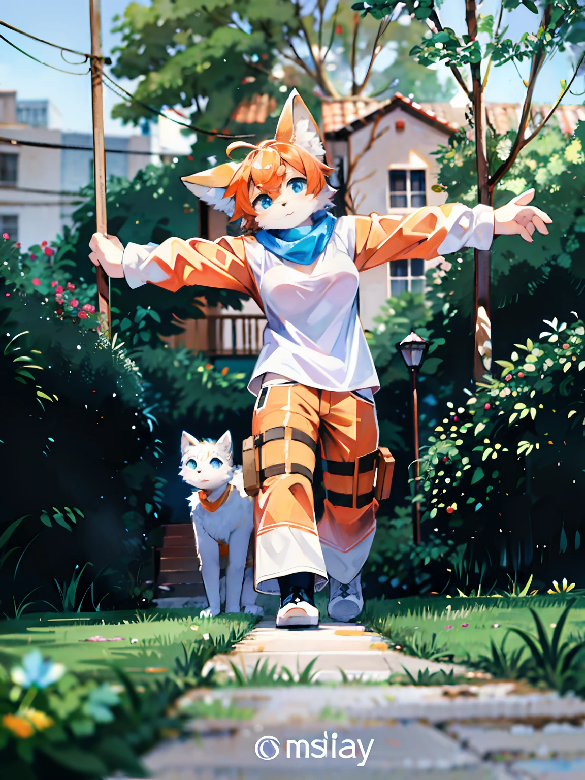 furry,Furry cat boy,White color blouse,Blue scarf,blue color eyes,Orange hair,k hd