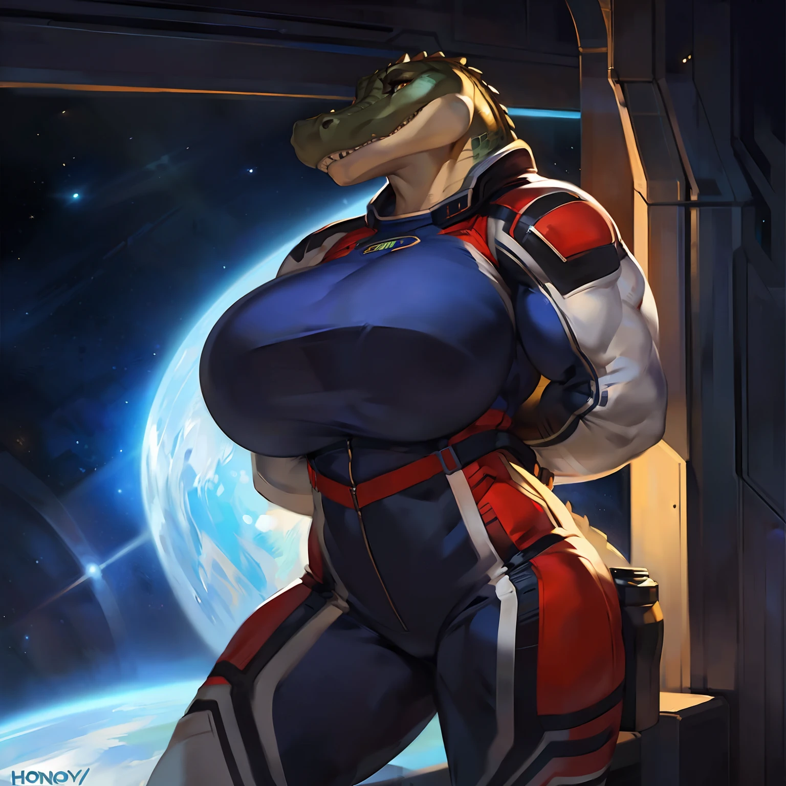 Solo, (((female))), standing, snout, by honovy, by foxovh, by Pixelsketcher, (by chunie, by mystikfox61, by darkgem), detailed eyes, (((massive breasts))), dramatic lighting, space, spaceship, window, ((eyelashes, alligator)), ((hands behind back, facing viewer)), (((muscular, massive, biceps, broad shoulders))), spacesuit