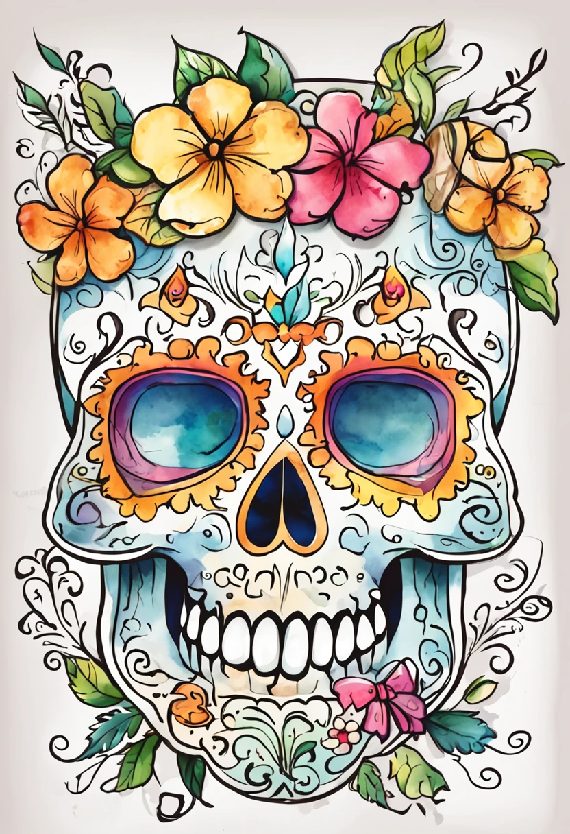 sticker, skull cute, contour, colorful, vector, kawaii