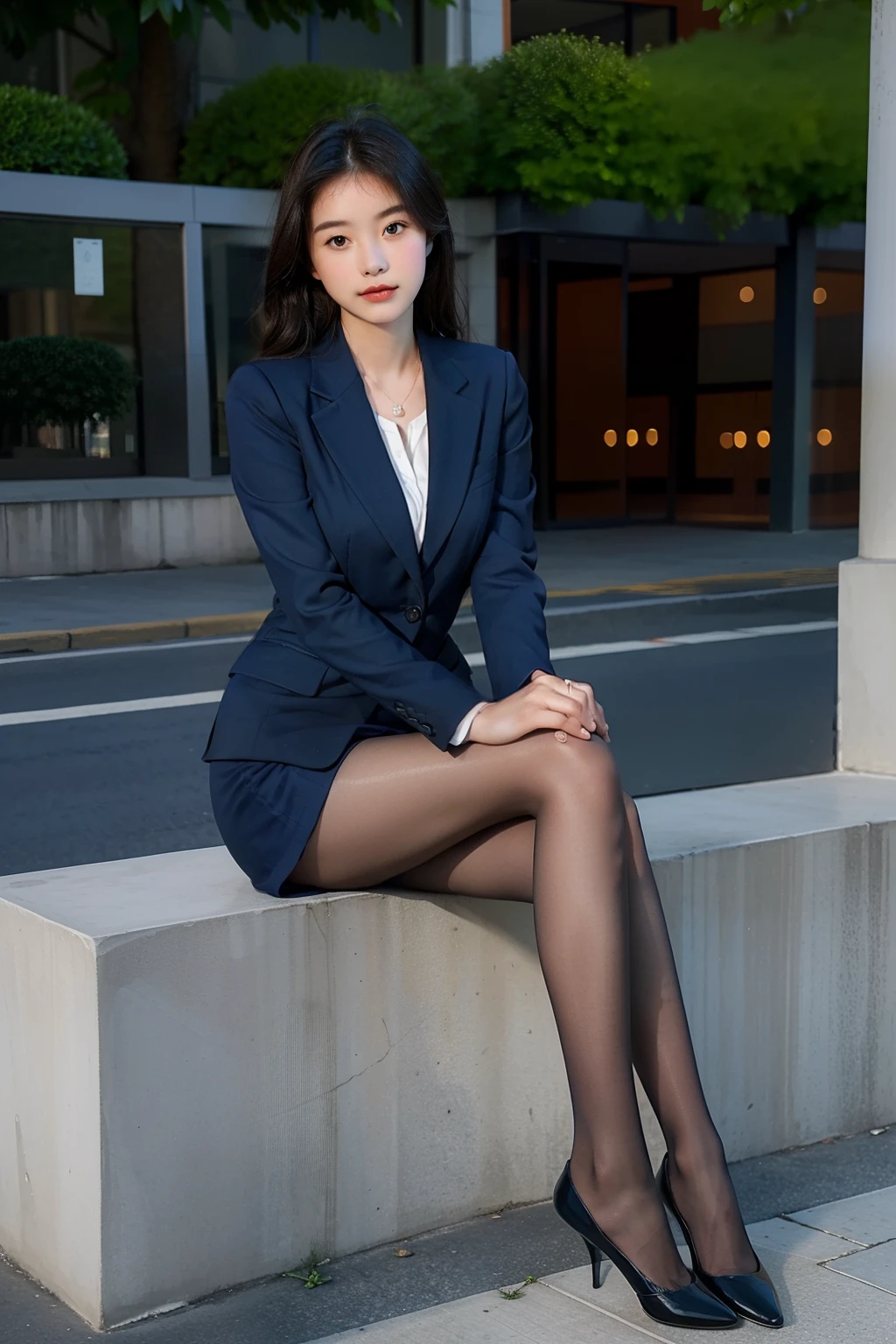 Best quality, Full body portrait, Delicate face, Pretty face, **** woman, Slim figure, Large bust, office lady uniform, office clothes, Navy blue stockings, No shoes, Outdoor scene, Sitting position