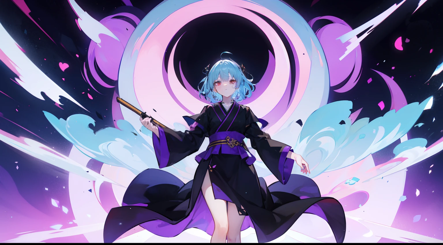 masutepiece, Fine details, 4K, 8K, 12K, Solo, 1 person, Beautiful Girl, caucasian female, 15 years old, 149 cm, Light blue hair, Short hair, Wavy Hair, Red Eyes, Black costume、black robes, Long sleeves, Wide sleeves, long hem, long hem、I have a lot of wounds on my legs.、I can't see my knees、Black hood、Full body black、Purple effect、Dragon effect