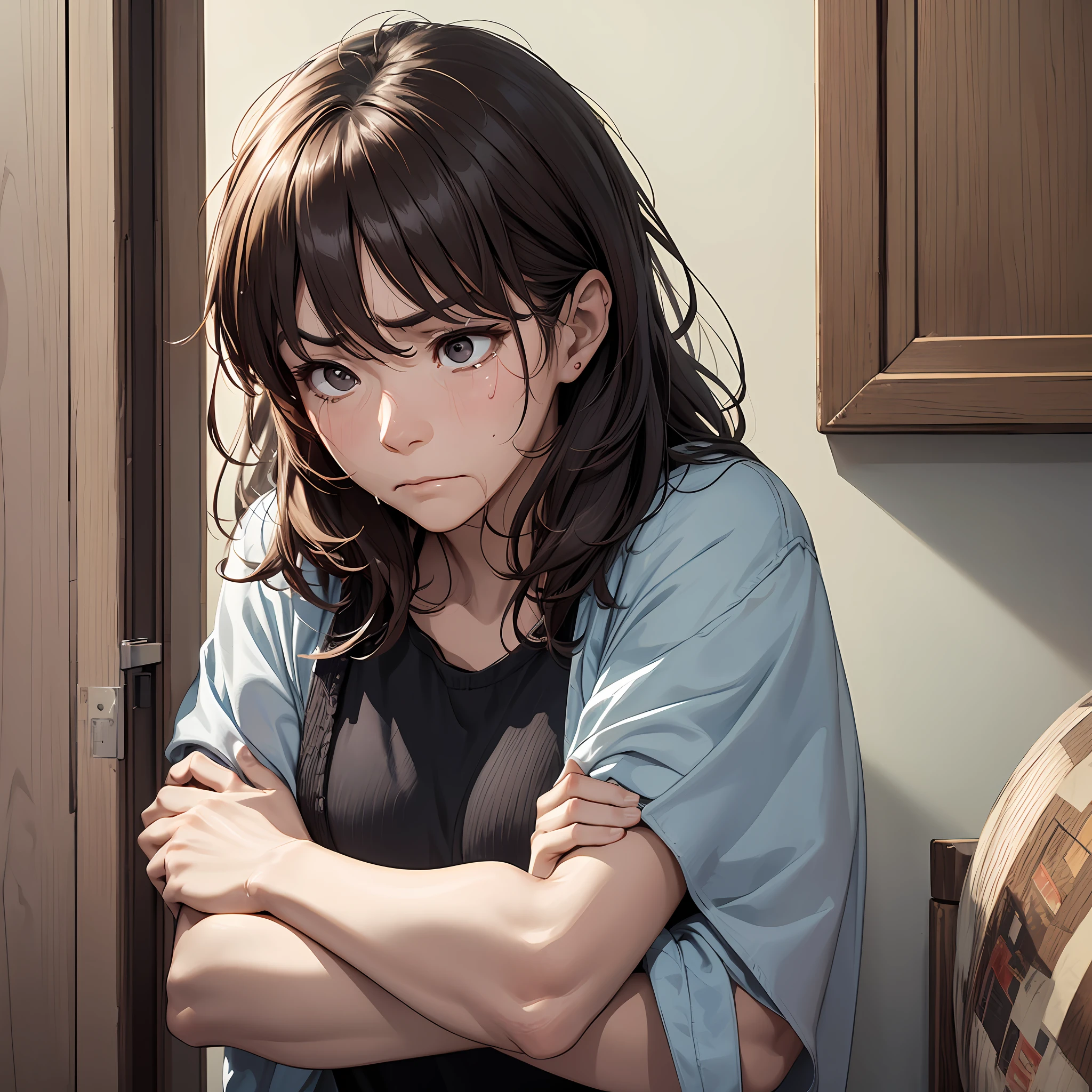 A middle-aged woman，Korean woman，brunette color hair，Wrinkles，Panicked expression，Serious expressions，grieves，weeping，Sad，haggard，Crossed arms，Side view of the whole body，inside a room，From the outside