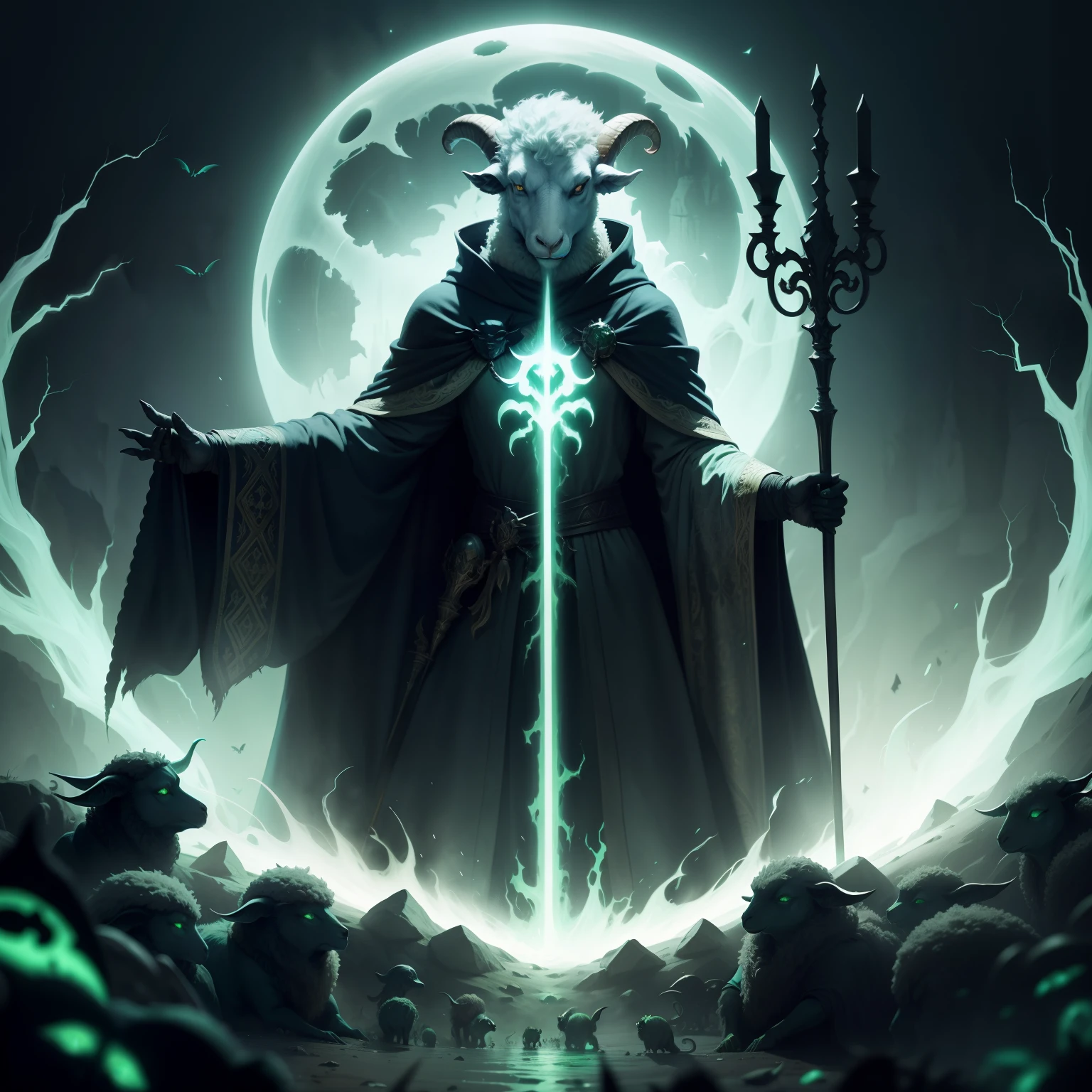 Invasion of evil creatures from another world,Sheep-headed creature in robes 4:3 sideways,Summon the undead with a staff in hand,The whole body glows green,Chilling,