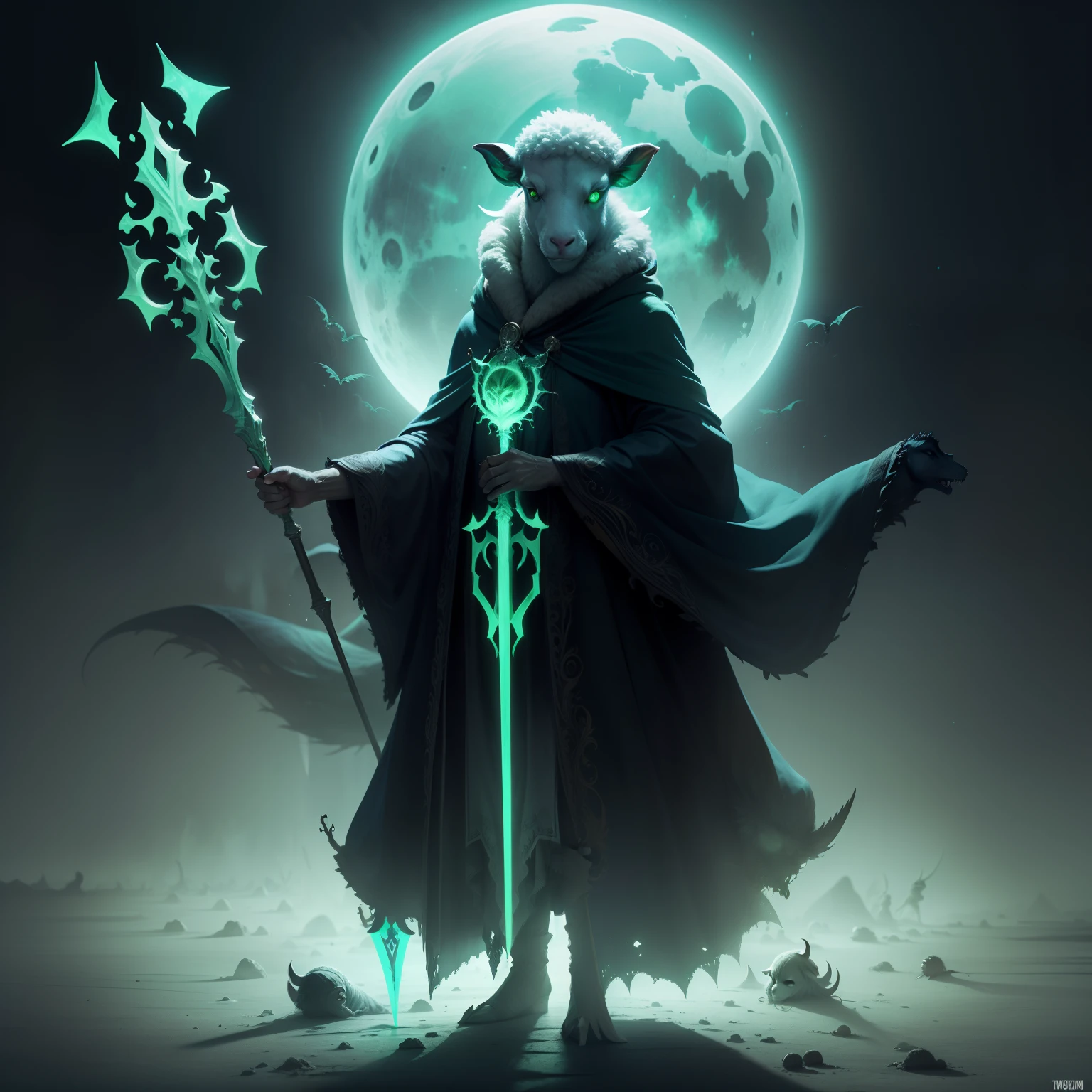 Invasion of evil creatures from another world,Sheep-headed creature in robes 4:3 sideways,Summon the undead with a staff in hand,The whole body glows green,Chilling,