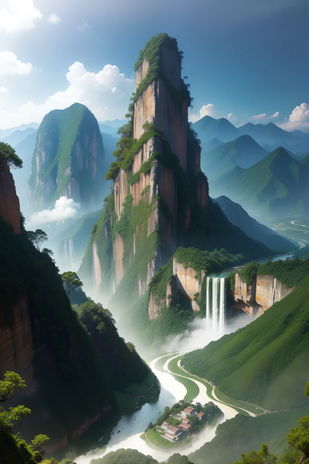 Shaoguan,Danxia Mountain,High mountains and flowing water,rios,the trees,waterfallr,rainbowing,suns