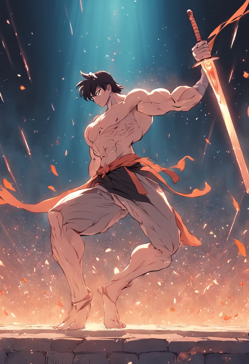 Antique muscle man dancing sword in the block