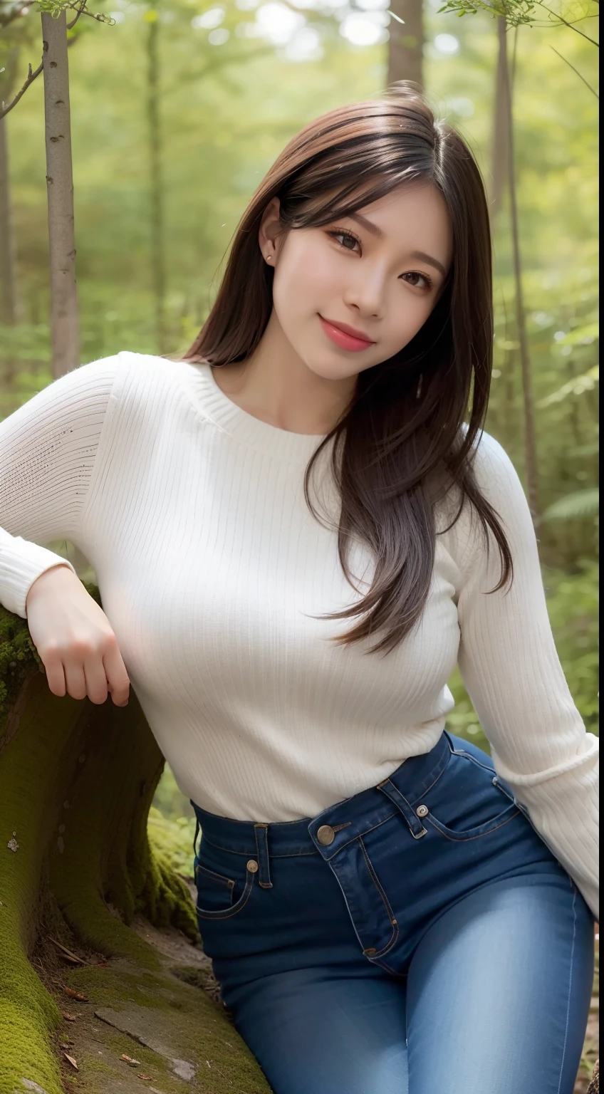 a pregirl,ssmile,laughingly,looking at viewert,Tight sweater,skintight jeans,photore, realisticlying, Best quality at best, 详细的脸,Detailed eyes,Sitting sideways on a large mossy rock in the woods, Big trees everywhere,diffuselighting, depth of fields