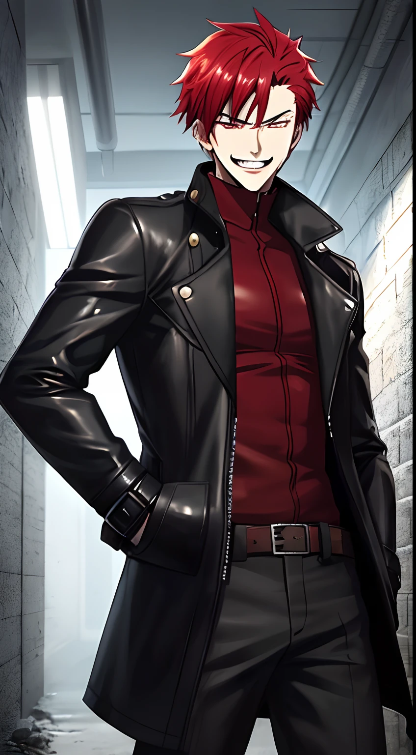 1boy, sexy, mad, anime, shiny eyes, smirk, evil, bad boy, good quality, good anatomy, leather coat, gun, crazy, red eyes, evil smile, basement, dark illumination, red hair