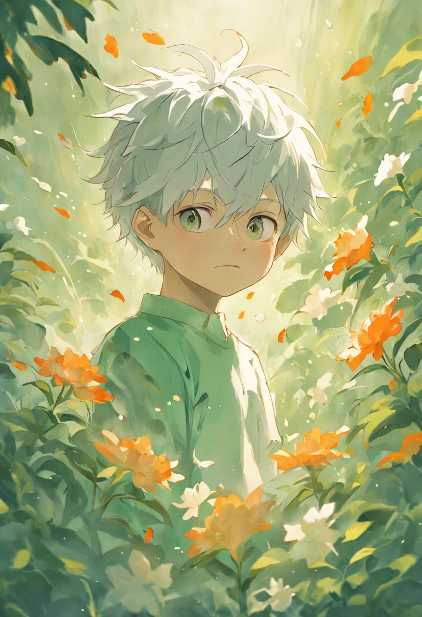 Blooming flowers flutter in the wind,The boy in the flower,Light green and silver design,Pay attention to the texture of the skin and flowers,Sony FE 12-24mm F/2.8 gm,Impressionist garden,Proficient in calligraphy,eco-friendly craftsmanship,Brush stroke exploration,White-headed boy,With a collar around the neck,shoun,Young ,Childlike face,Large, sharp wolf ears,White hair,Brush cut,The barefoot