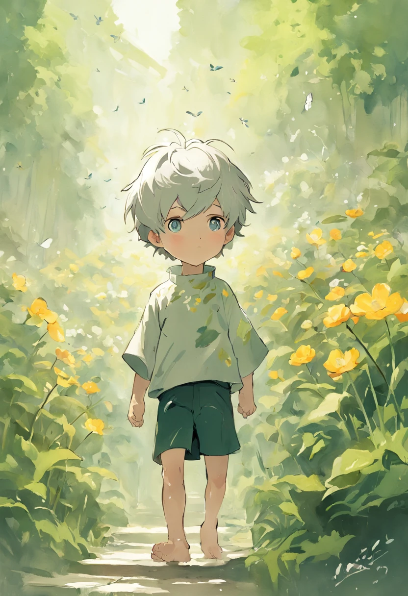Blooming flowers flutter in the wind,The boy in the flower,Light green and silver design,Pay attention to the texture of the skin and flowers,Sony FE 12-24mm F/2.8 gm,Impressionist garden,Proficient in calligraphy,eco-friendly craftsmanship,Brush stroke exploration,White-headed boy,With a collar around the neck,shoun,Young age,Childlike face,Large, sharp wolf ears,White hair,Brush cut,The barefoot