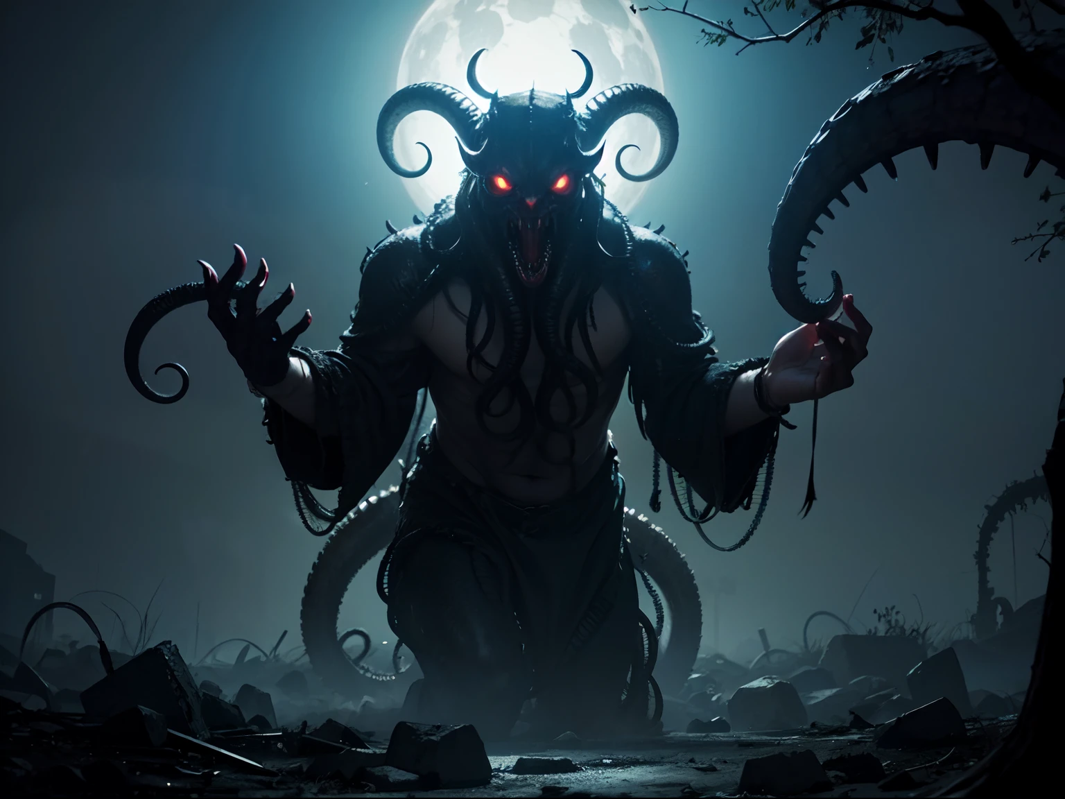 Evil creatures，Mother of black goats，Spooky Eldridge tentacle cosmic Out of this world ancient times Cthulhu monsters Surrealism haunt mysterious Lovecraft style complex phantom terrible Deep