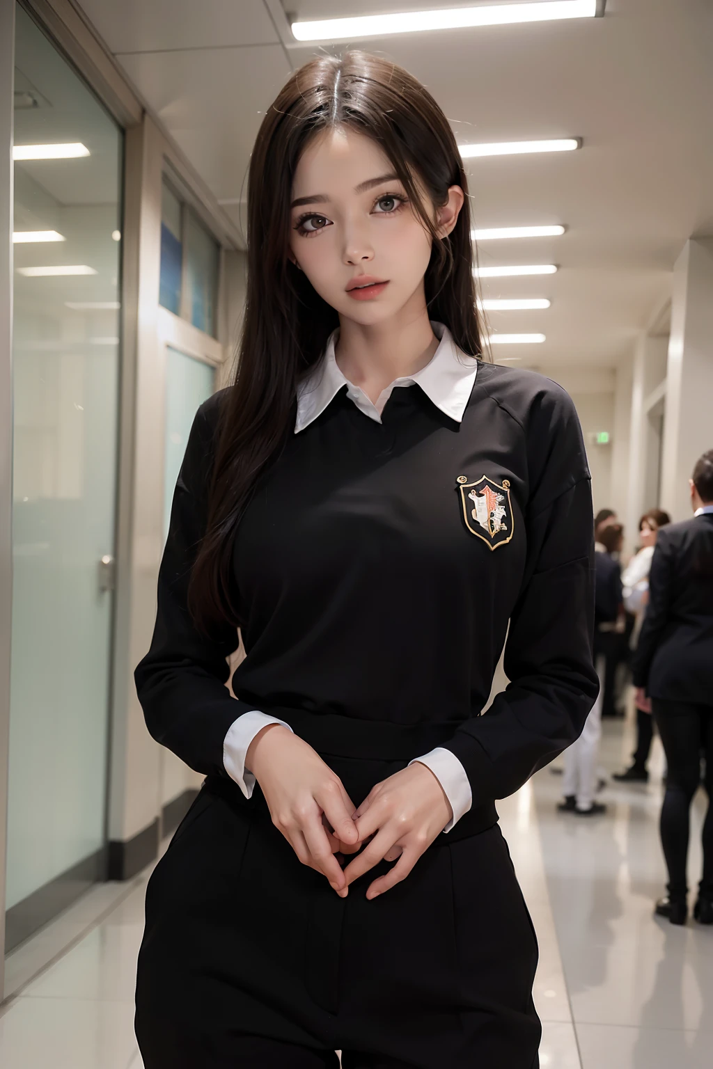 NSFW, obra-prima, melhor qualidade, ultra-detalhado, semi-realista, detailedfacialfeatures, 2 garotas jovens ,usando uniforme de escola particular,cabelos negros,compridos,olhos claros, aparencia sexy e arrogante,muito bonita,middlebreasts,esperta,Standing in the school hallway with her friends.