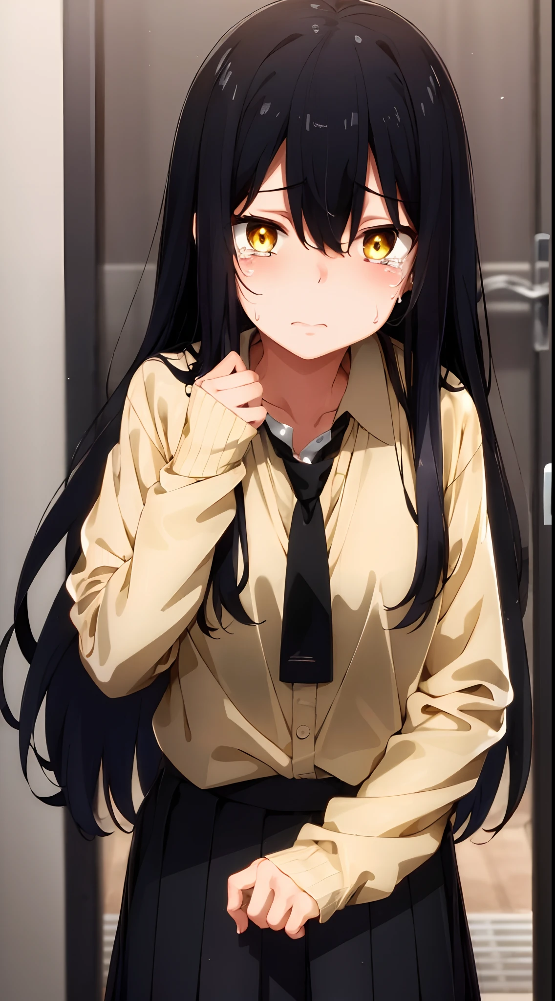 (mieruko:1.3), 1girl, standing, scared, tears, sweat drips, black tie, school uniform, yellow detailed eyes, long black hair, big eyes, (open mouth:0.1), detailed pupils, horror \(theme\), woman, headpat