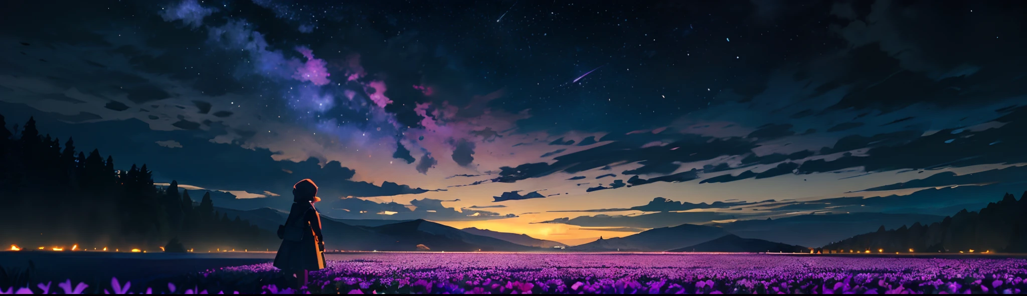 Vast landscape photo, (viewed from below, the sky is above and the open field is below), a girl standing on a flower field looking up, (full moon: 1.2), (meteor: 0.9), (nebula: 1.3), distant mountains , Trees BREAK Crafting Art, (Warm Light: 1.2), (Fireflies: 1.2), Lights, Lots of Purple and Orange, Intricate Details, Volumetric Lighting, Realism BREAK (Masterpiece: 1.2), (Best Quality), 4k, Ultra-Detailed, (Dynamic Composition: 1.4), Very Detailed, Colorful Details, (Rainbow Colors: 1.2), (Glow Lighting, Atmospheric Lighting), Dreamy, Magical, (Solo: 1.2)