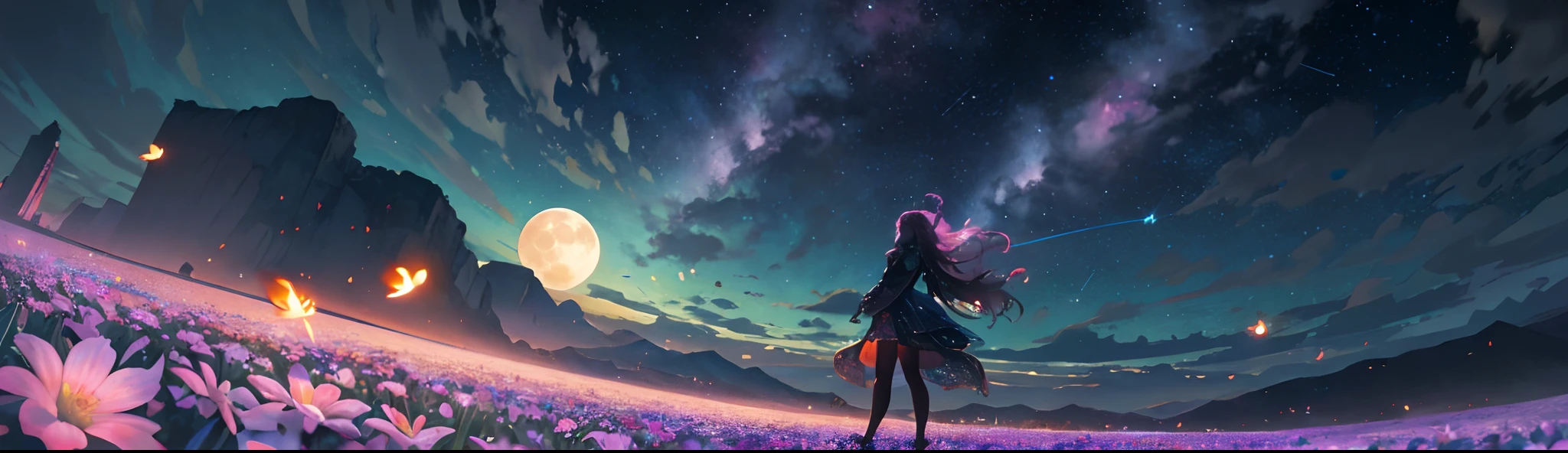 Vast landscape photo, (viewed from below, the sky is above and the open field is below), a girl standing on a flower field looking up, (full moon: 1.2), (meteor: 0.9), (nebula: 1.3), distant mountains , Trees BREAK Crafting Art, (Warm Light: 1.2), (Fireflies: 1.2), Lights, Lots of Purple and Orange, Intricate Details, Volumetric Lighting, Realism BREAK (Masterpiece: 1.2), (Best Quality), 4k, Ultra-Detailed, (Dynamic Composition: 1.4), Very Detailed, Colorful Details, (Rainbow Colors: 1.2), (Glow Lighting, Atmospheric Lighting), Dreamy, Magical, (Solo: 1.2)