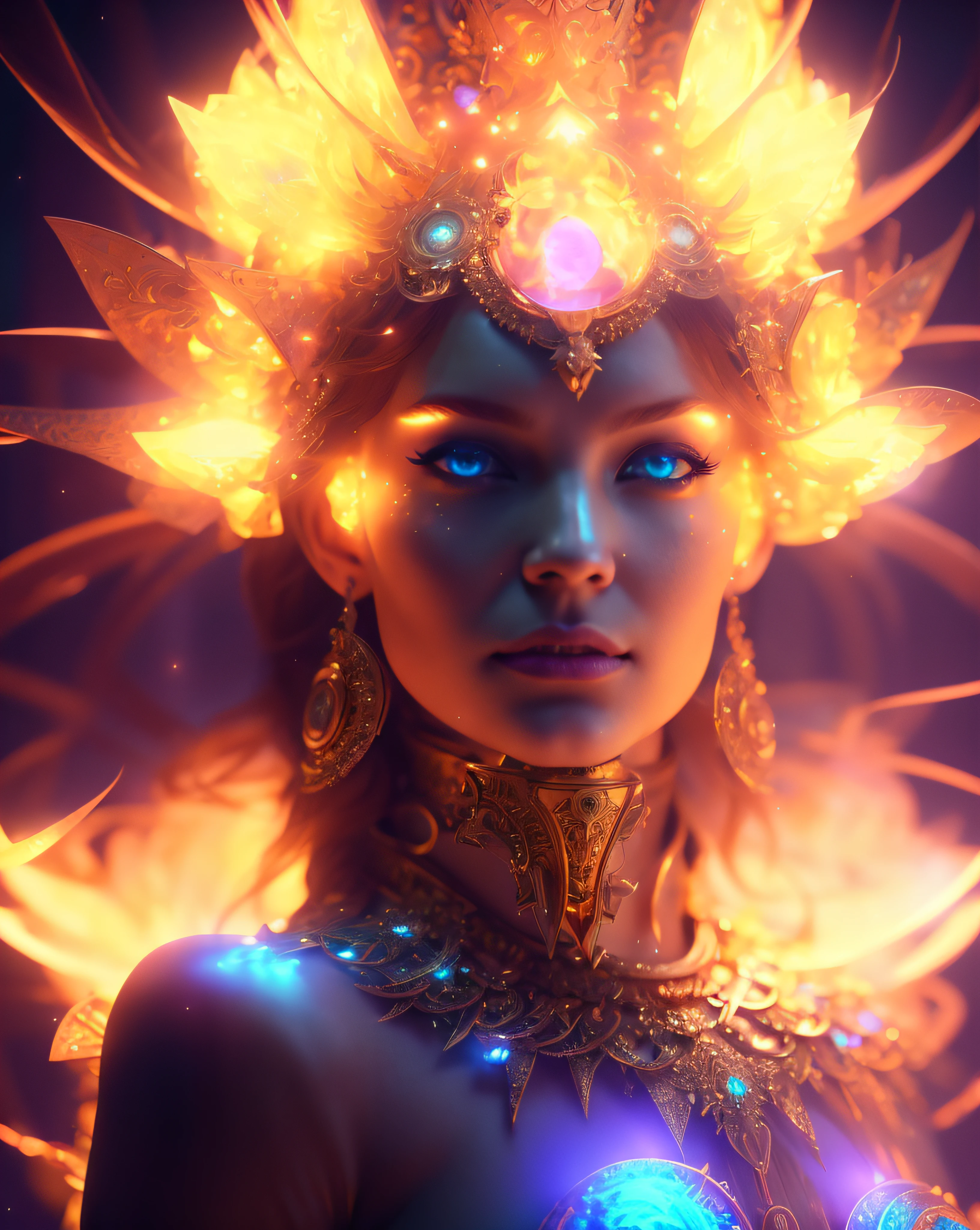 Algorithmically enhanced random close-up view of a sublime female Goddess covered in powerful Ultra Arcane magic sigils wearing an intricate living lightning fractal crown and lavishly adorned attire reflecting tactical sun-motes and diamond moon shards, quasi-cosmic vortex sub-model, bright nebulae in the background, 7th-Sphere characterized, golden ratio-ed, inner bio-illuminated geometry, starkest contrast,flagrantly fibonacci formulated, dynamic bi-lateral asymmetry, super-critically unique, quantum feedback algorithm frenzy, hyper-realistic, post singularity AI imperative, ironically staggered data set, active 3D shading, lighting and focus, random 3D particle effects, rule of thirds, Unreal Engine 10, art station, Maximum Level of detail, concept art, art nouveau, 8k, Iridescent Primalight, Hawking radiation collector with lucidity crystallizer and grade A temporal accumulator, spontaneous Kozyrev Mirror refraction, cosmic ray visionary, innate Jail Break Protocol