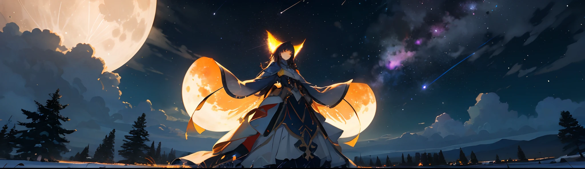 Vast landscape photo, (viewed from below, the sky is above and the open field is below), a girl standing on a flower field looking up, (full moon: 1.2), (meteor: 0.9), (nebula: 1.3), distant mountains , Trees BREAK Crafting Art, (Warm Light: 1.2), (Fireflies: 1.2), Lights, Lots of Purple and Orange, Intricate Details, Volumetric Lighting, Realism BREAK (Masterpiece: 1.2), (Best Quality), 4k, Ultra-Detailed, (Dynamic Composition: 1.4), Very Detailed, Colorful Details, (Rainbow Colors: 1.2), (Glow Lighting, Atmospheric Lighting), Dreamy, Magical, (Solo: 1.2)
