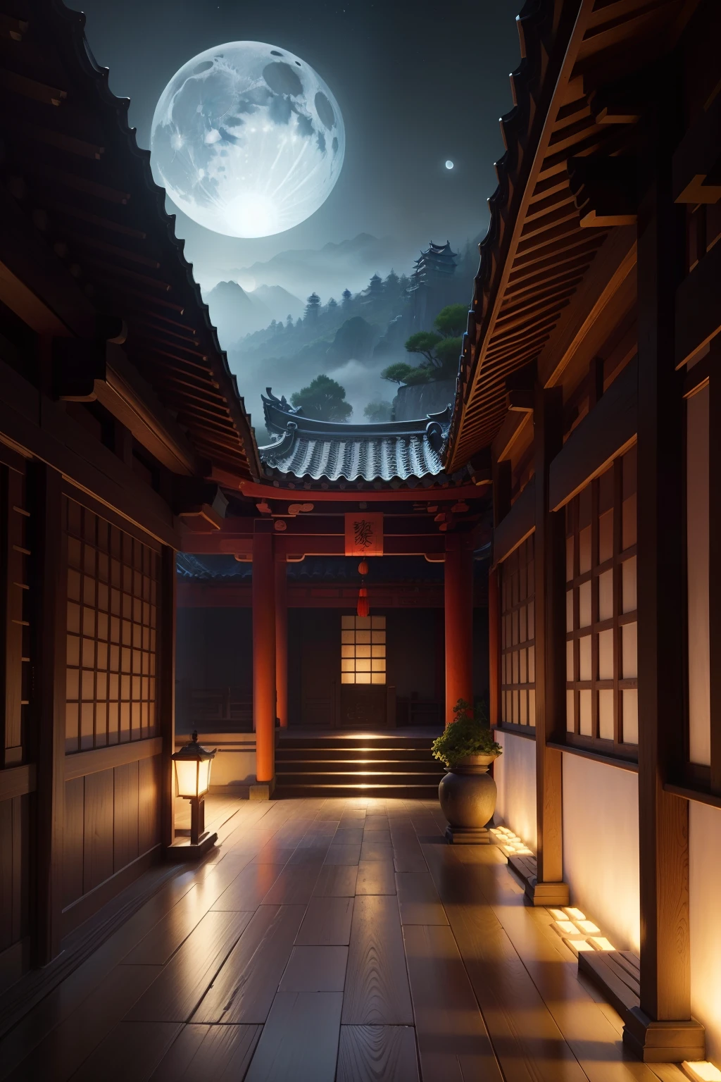 Ancient Chinese landscapes,Ancient buildings,Pavilions,Carved beams and paintings,enchanting scenery,Night,Moon light,Layered, Rich light and shadow,Mid-Autumn Festival, Ink painting style,clean color,Low-saturation colors,Colors of low brightness,Decisive cut,Leave white space,impressionistic,tmasterpiece,ultra - detailed,Epic composition, HighestQuali,hyper realisitc,Art germ --v 6