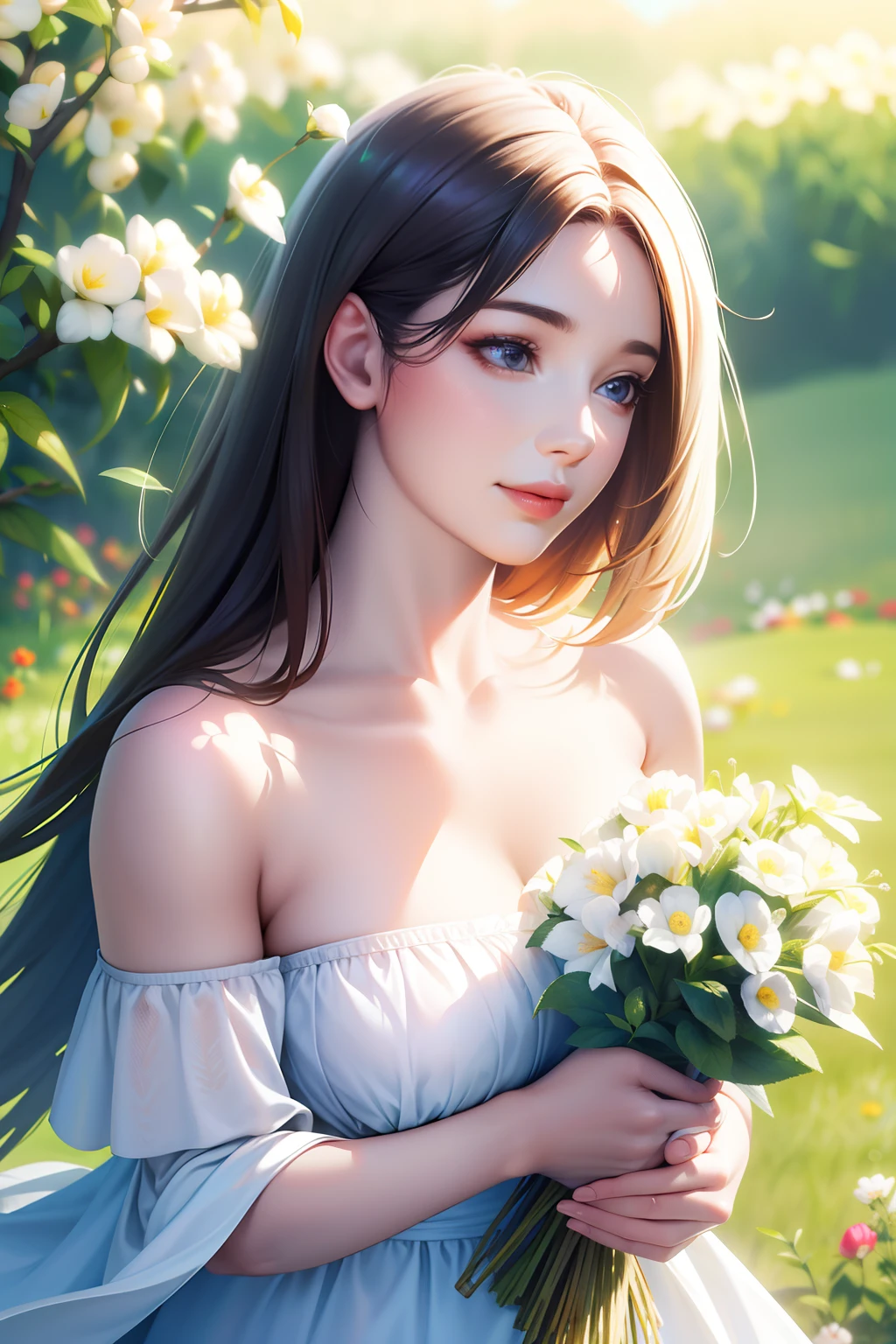 Best quality, masterpiece, ultra high res, (photorealistic:1.4), raw photo, 1girl, white dress, off shoulder, blossom flower field, glowing skin, light smile