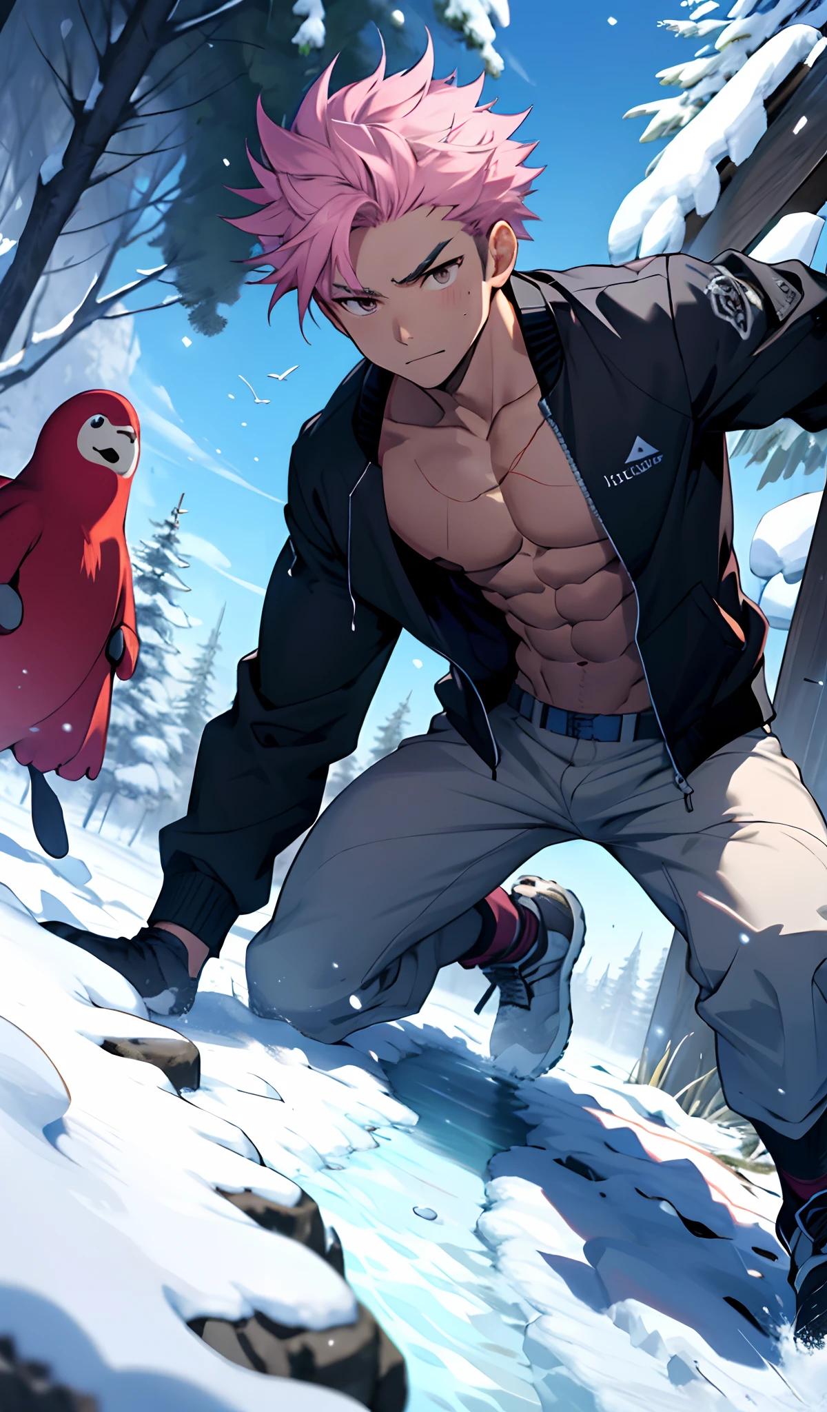 (masterpiece, Best quality:1.2), CatBoy, Naked, winter, body covered in red fur, Furry style, sexual, horny, very muscular wild ,full height,very short blond hair,freckles on the body and face,amber eyes,defined muscles,sharp focus, friendly, in speedos