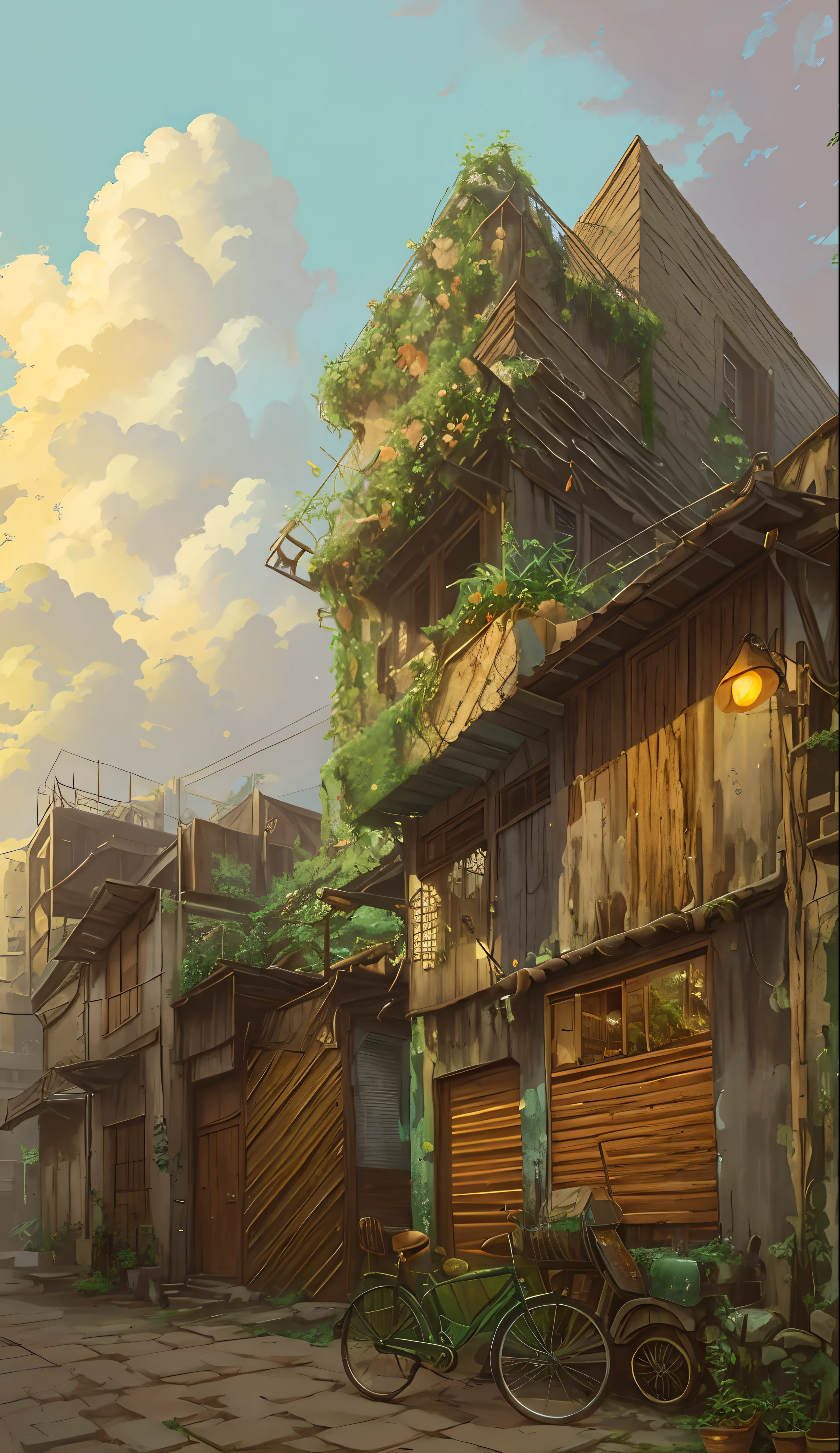 empty stone buildings with vegetation, scrapyard architecture, green alleys, stacked houses, dilapidated houses, “derelict architecture buildings, vegetal architecture, green architecture, sustainable architecture, concrete housing, insanly detailed, dezeen, building cover with plant, mossy buildings painting of a courtyard with a table and chairs and a bench, anime background art, relaxing concept art, anime scenery concept art, immensely detailed scene, a beautiful artwork illustration, detailed scenery —width 672, studio ghibli environment, highly detailed scene, environment design illustration, beautiful anime scene, ghibli studio style, anime scenery, detailed soft painting, environment painting