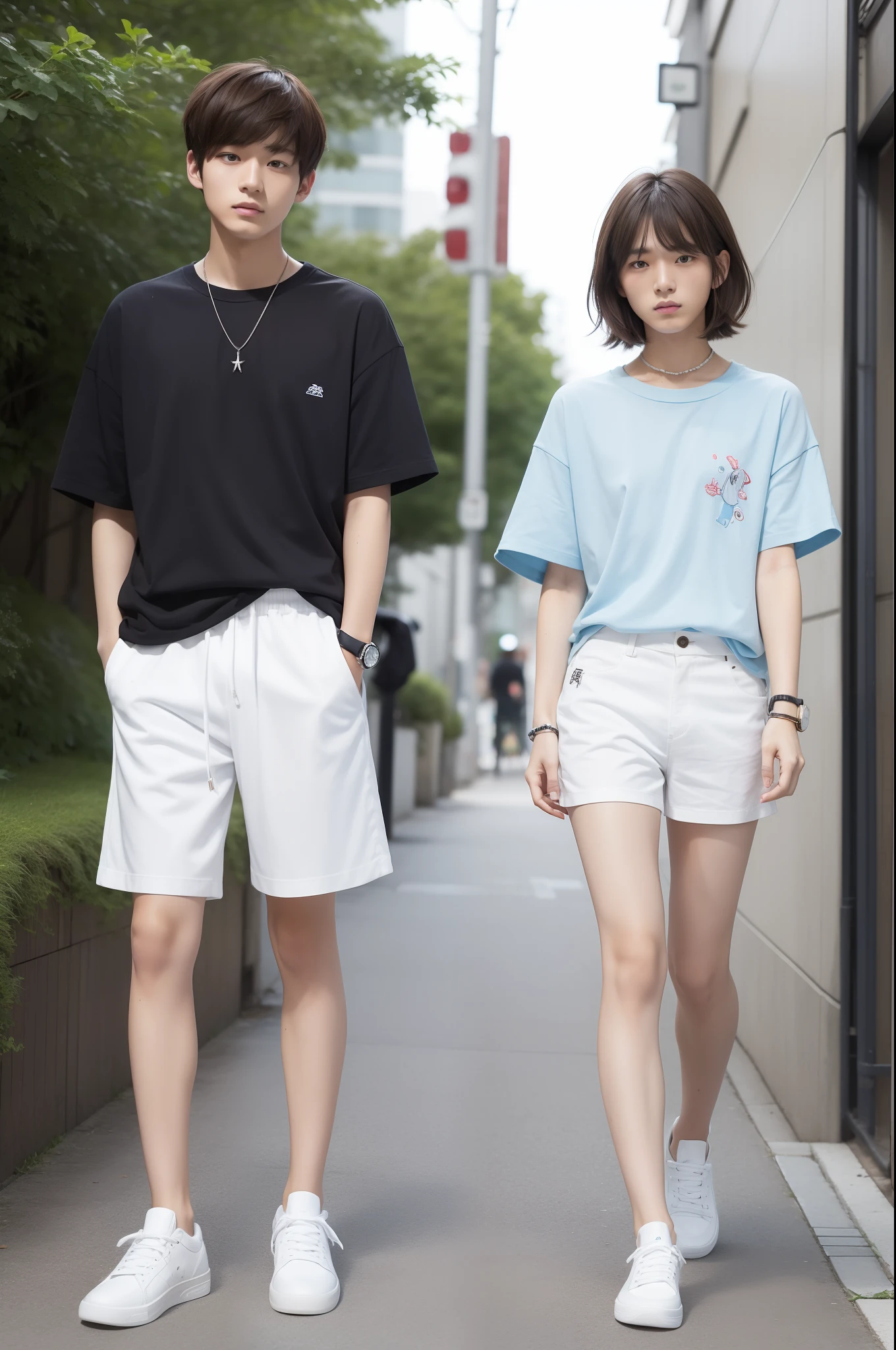 (For hair catalogs、Speciality:1,1)Generates portrait images。Model set with Japan 20 year old man。Spring-summer attire in the casual scene。Bangs raised lightly、Hair design around the face is natural。The silhouette of the hairstyle is fluffy、Hair color is natural brown。Hair styling has a natural texture。Light blue short-sleeved shirt top、White shorts with bottoms。Shoes are white sneakers。The material should be light and breathable。The watch has a casual design、Accessories are relaxed。