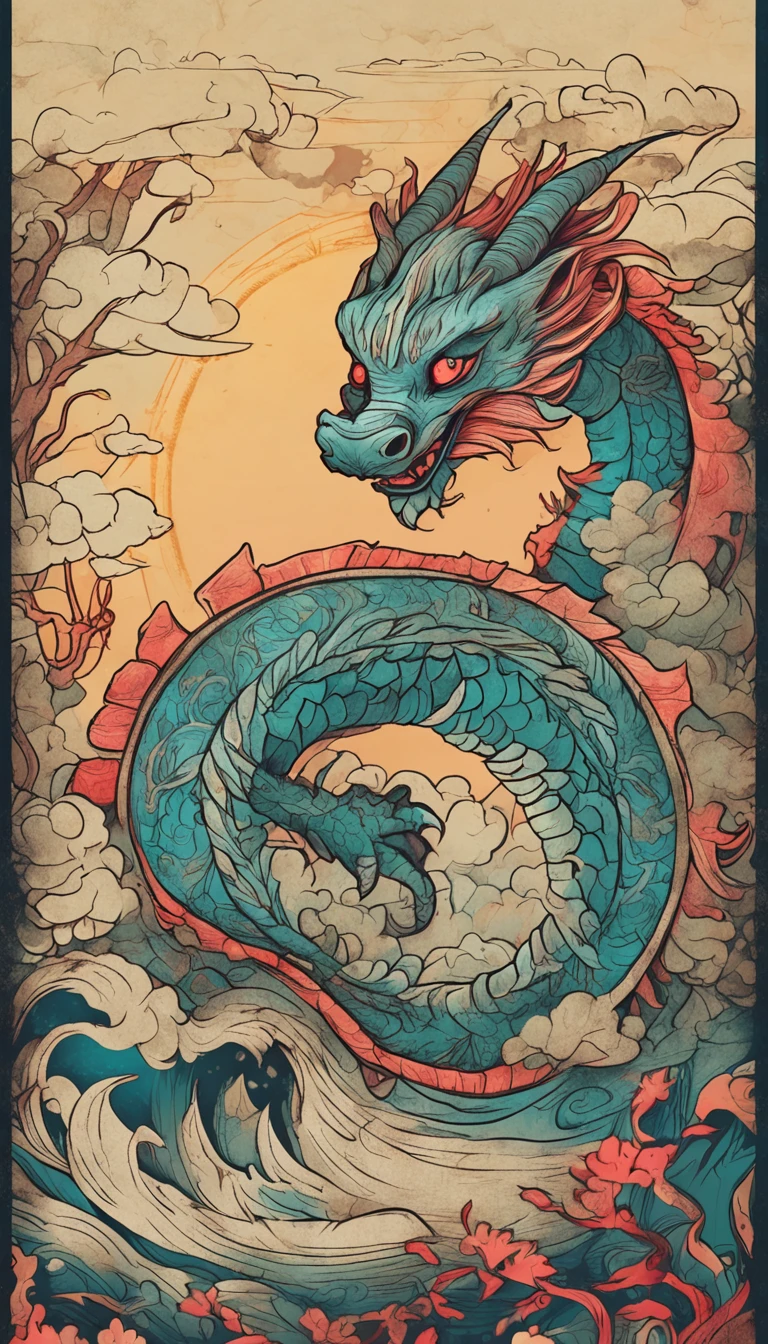 Best quality, chinesedragon，glimmering, , 2D, flat, Adorable, Vintage, Art on cracked paper, fairytale-like, Detailed illustration of the storybook, Cinematic, hyper HD, detaile, Beautiful details, mistic, Luminism, Vibrant colors,