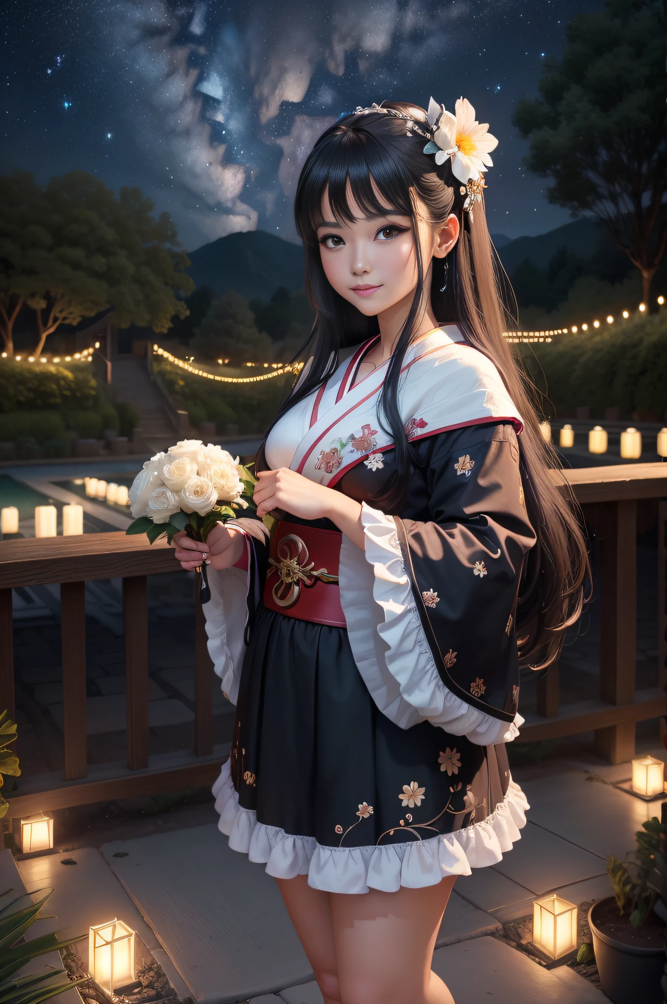 ((Hiper realista, fotorrealista, 8k, detalhes intrincados)), a geisha with flowing black hair of 18 years, gueixa fofa, gueixa bonita, gueixa da beleza, gueixa sensaul, usando um quimono sensual rosa e branco adornado com flores, is giving a smile, while standing in a flowery garden at night ((de noite, Noturno, Escuro, de noite, ao escurecer, entardecer, Starry night sky)), com centenas de pequenas velas flutuando ao seu redor acima ((High-angle panoramic image, profundidade de campo acentuada)).