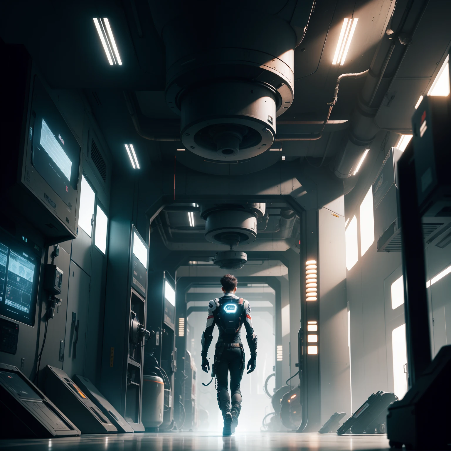 The technology factory of the future，A male crosser，Be amazed at what happened，Surrounded by futuristic machines，The light illuminates the silhouette，Clean and tidy space，Dark floors，solitary figure，