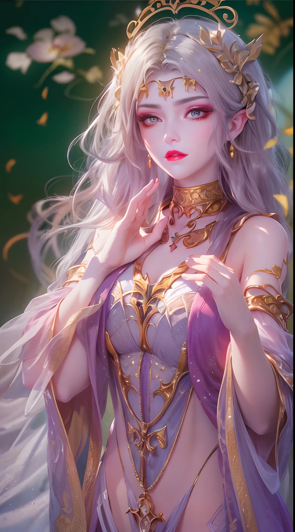 1 20 year old girl, 1 goddess Athena, pink purple silk dress, beautiful goddess Athena face without blemishes, delicate yellow nightgown, long thin sequin nightgown with many sexy black lace details, 1 beautiful thin red silk cloth half veil, female saint legend, female saint icon, beautiful goddess style glitter, dark and mysterious version, vermilion lips, plump red lips, not smiling, mouth closed, delicate and beautiful pino detailing, delicate and beautiful lip detail, , (pure and flawless face: 1.9), female saint body, round chest, big and round breasts, phoenix brooch, long flat bangs, (7-color rainbow hair: 1.9), flower stickers tattoo on forehead, beautiful clear face and well-proportioned eyes, (transparent yellow eyes: 1.8), (big round eyes and makeup, sexy wet eye makeup, very beautiful and meticulous hair makeup, long and delicate blonde hair, delicate, body image: 1.8), figure: and vivid, (stars that make up the sky: 1.7), (the sky of heaven and the fictitious gate of time and space: 1.8), fictional art, RAW photos, hanfu photos, best photos, high resolution, best quality, best photos, best goddess quality, 8k female, super 8 single saint portraits, truest color schemes, masterpieces, best beauty brands, best hair jewelry, brand real photo, dark studio, border light, two-tone lighting, (rose white skin: 1.4), (high skin detail: 1.1), 8k uhd, d slr, soft light, 8k, high quality, candid, volume Smooth and sharp, 10x pixel increase, sexy goddess, sexy goddess, (background space: 1.8), (most beautiful aurora eyes: 1.7), beautiful eyes, aurora beautiful and flowery, (beautiful single girl: 1.8), (more details:0.8),