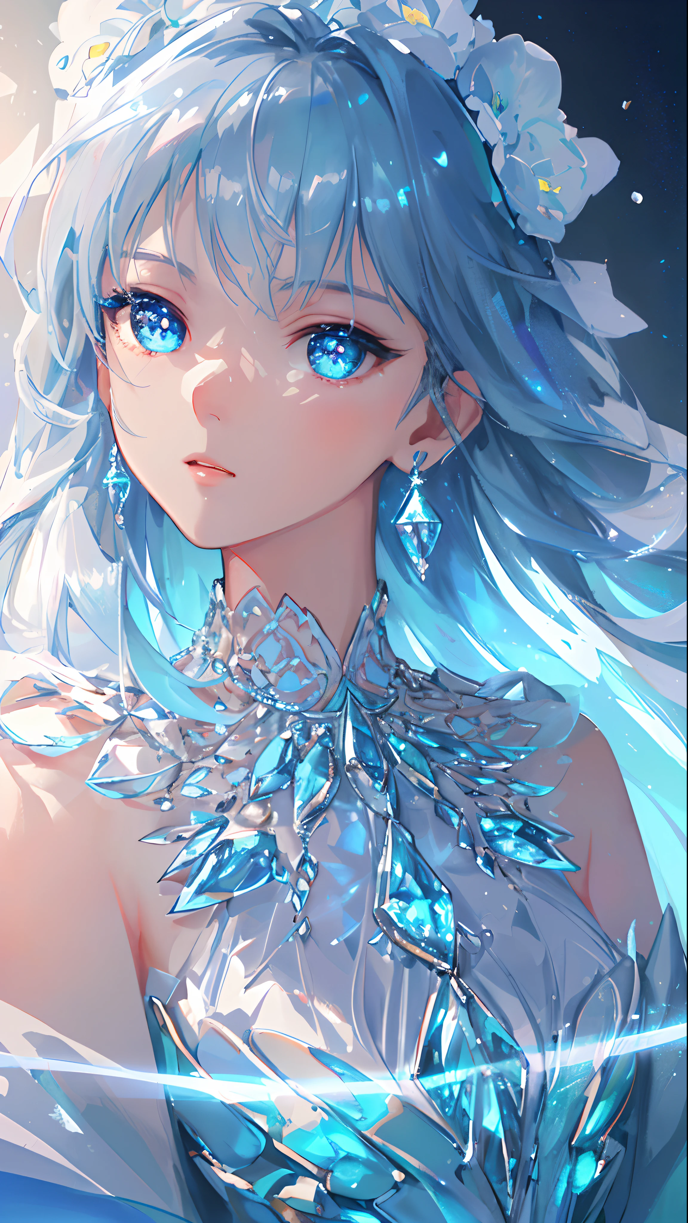 masterpiece, best quality, illustration, sax blue, platinum earrings, platinum necklace, white dress, 1girl, cute, (dynamic lighting:1.2), cinematic lighting, delicate facial features, detailed eyes, sharp pupils, realistic pupils, depth of field, bokeh, sharp focus, (hyper-detailed, bloom, glow:1.4), many small gems