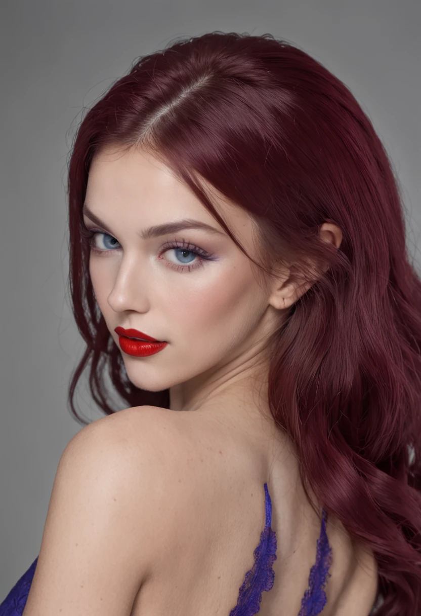 girl, sexy body and sexy face, lips with red lipstick, long purple hair, blue eyes