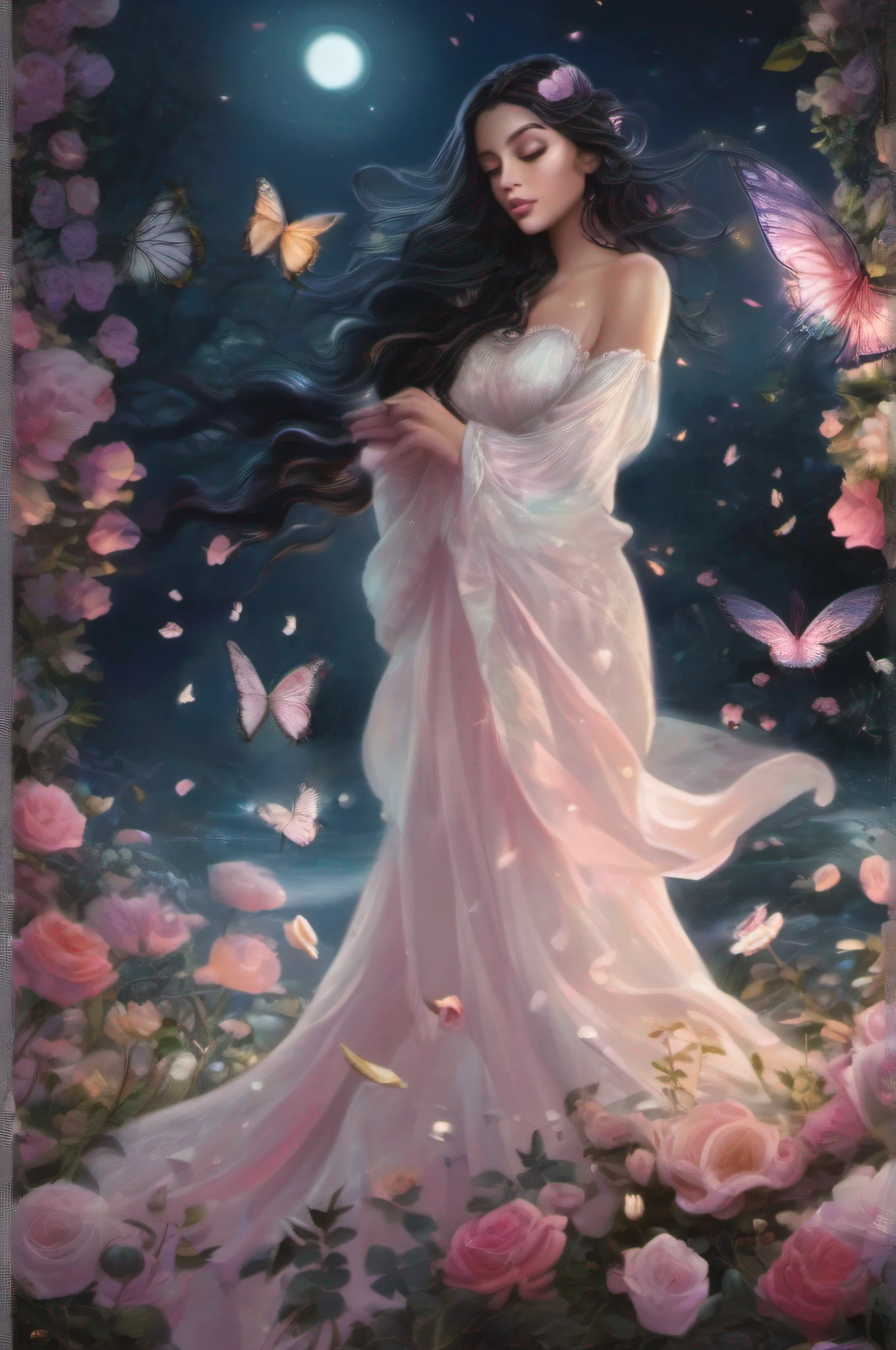 (((imagem de uma gueixa:1.2), corpo inteiro, fluttering black hair, quimono rosa e branco, adornado de flores, Flower garden at night, velas flutuando, Low panoramic angle)).