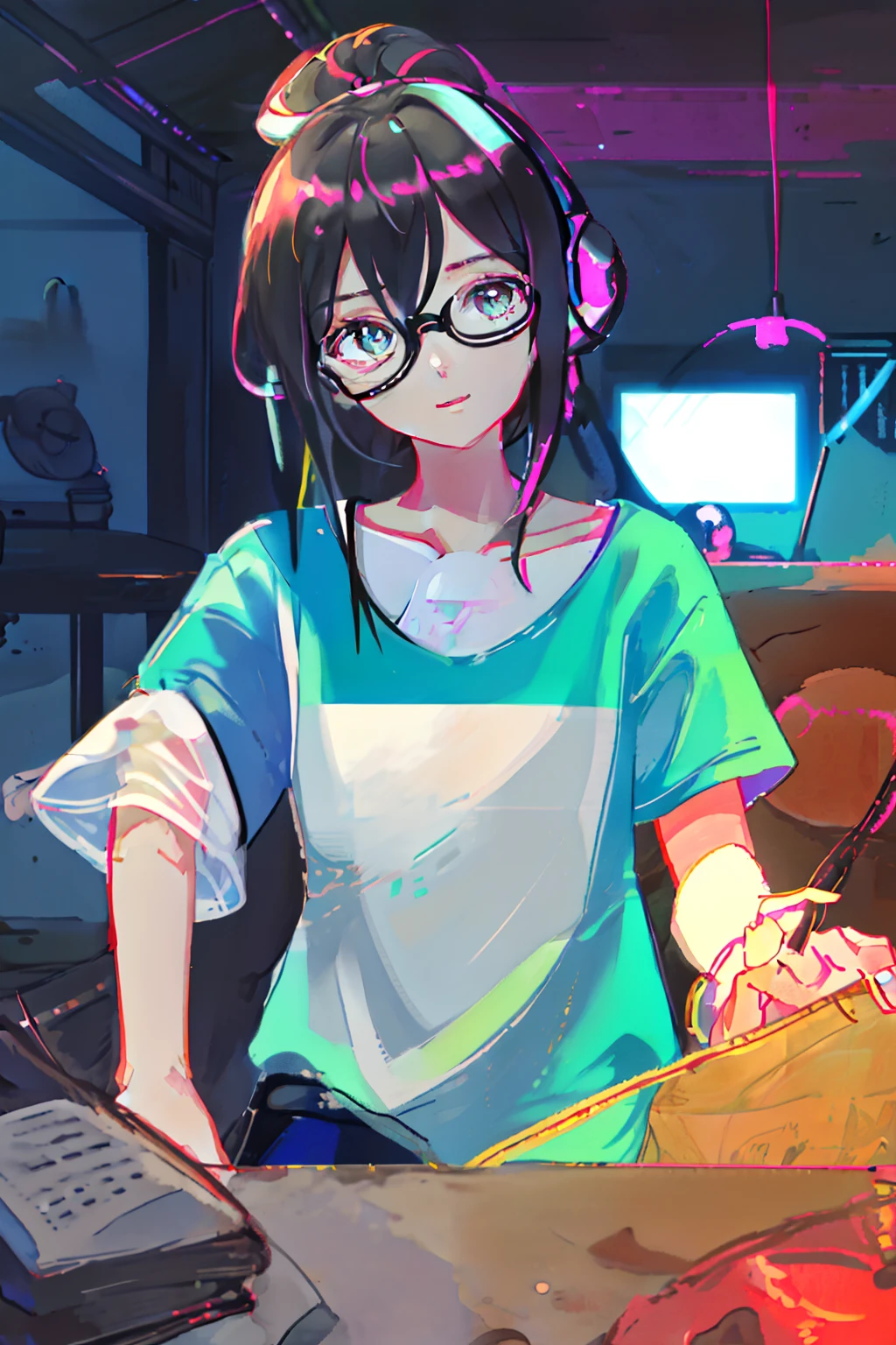 DTM working in room、eye glasses、white t-shirts、rcasual、Small eyes、Face Up、icons、A dark-haired、Suppin、Medium hair、Bun hair、headphones、28 year old, Colorful backgrounds create a fun atmosphere