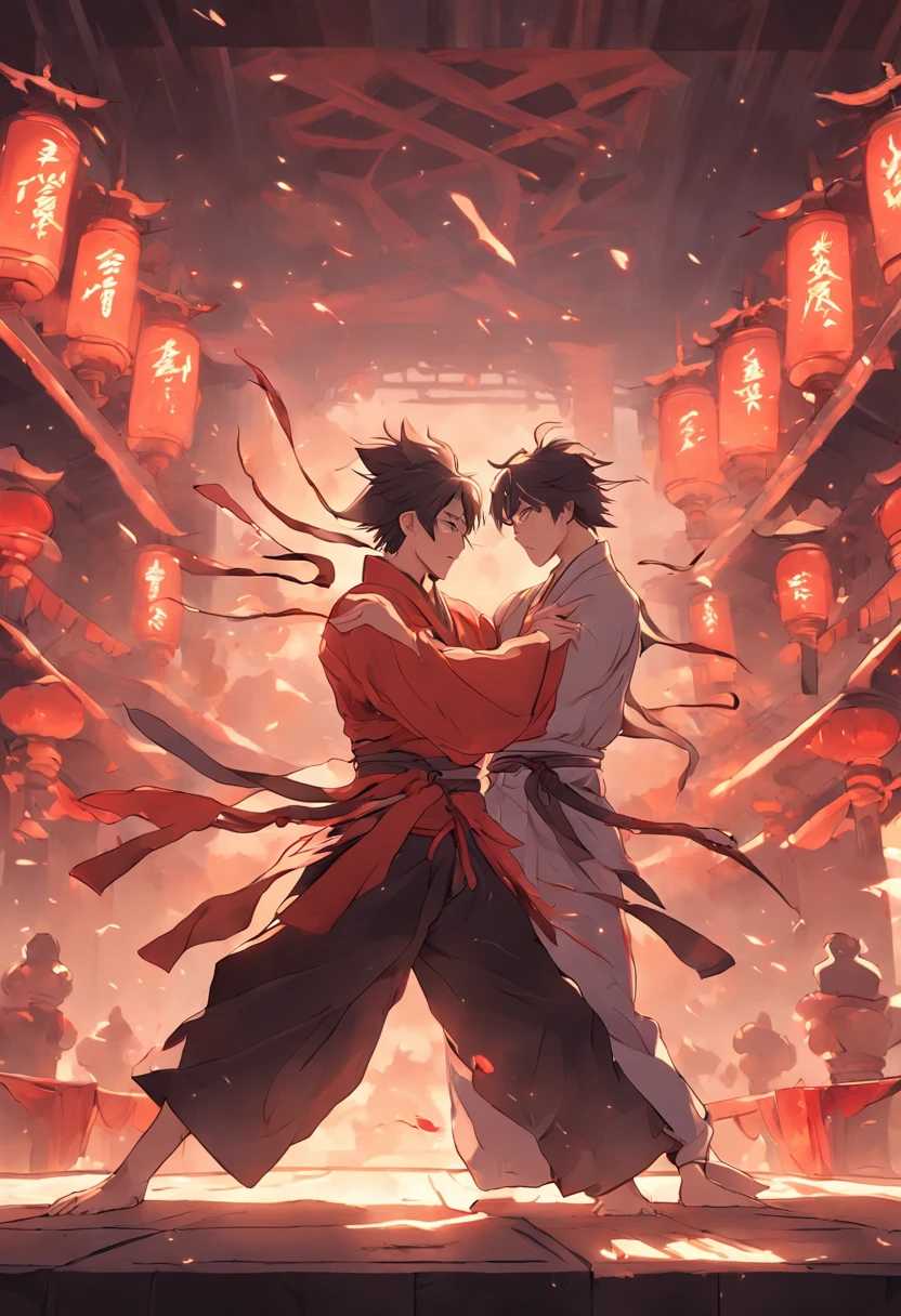 Two muscular men in ancient Chinese style dance swords and play against each other in ancient style block，
